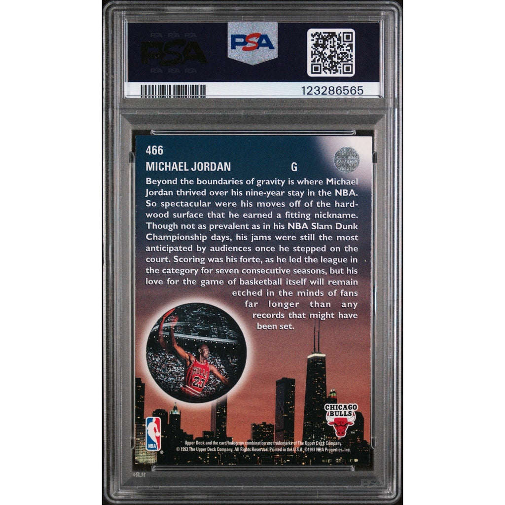 Back of 1993 Upper Deck Michael Jordan Skylights PSA 6 card with player information and statistics