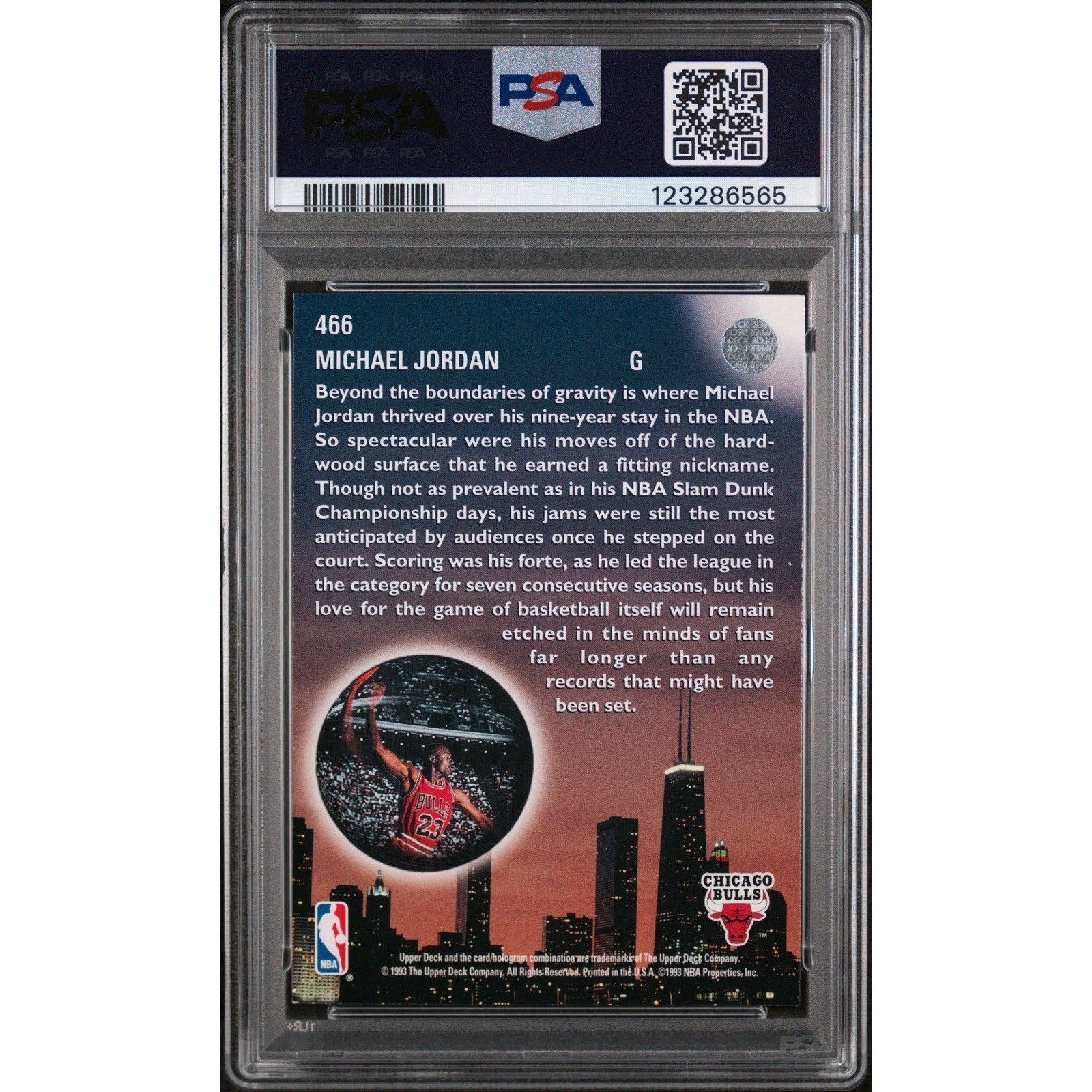 Back of 1993 Upper Deck Michael Jordan Skylights PSA 6 card with player information and statistics