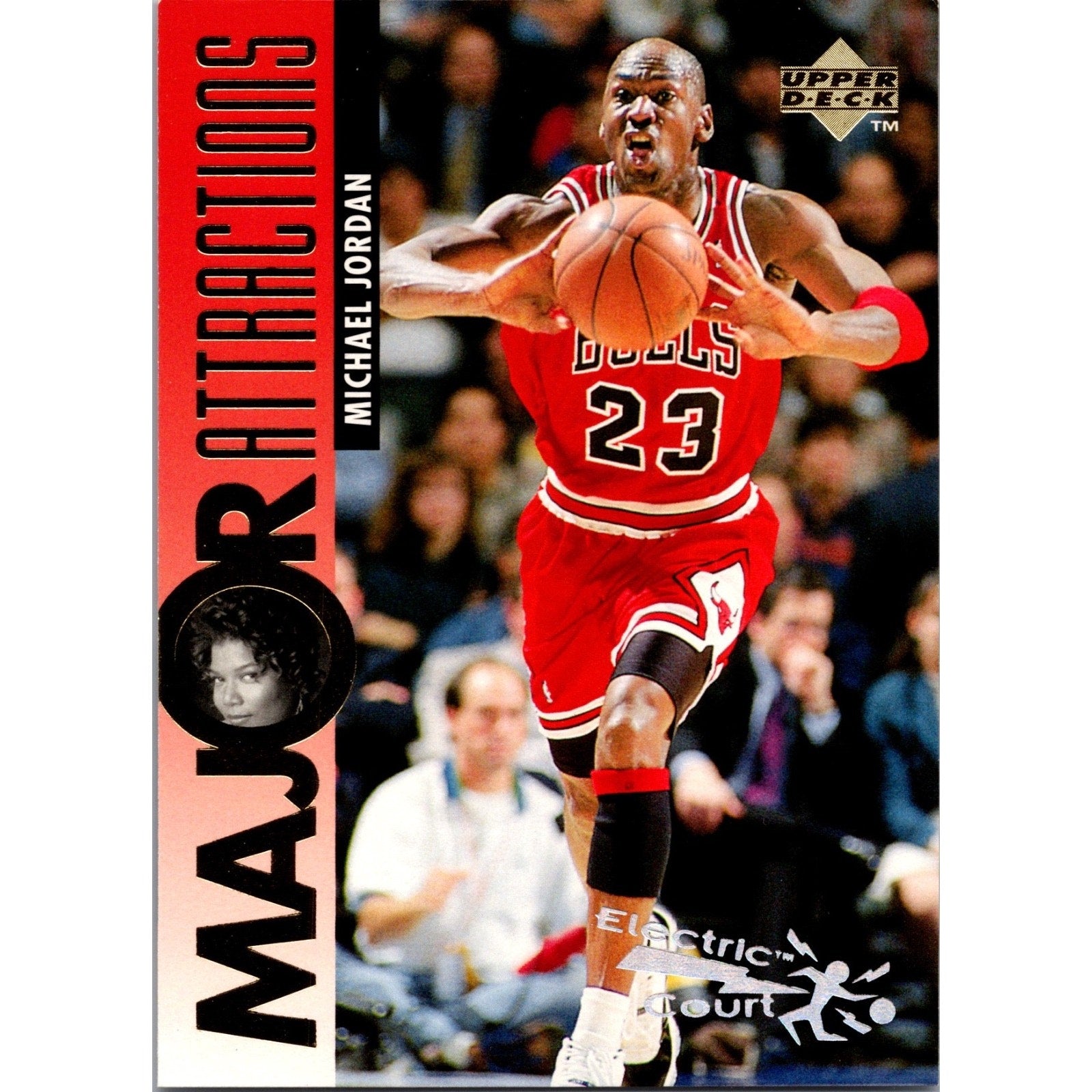 Front view of a 1995-96 Upper Deck Major Attractions Electric Court Michael Jordan trading card featuring the Chicago Bulls superstar in action