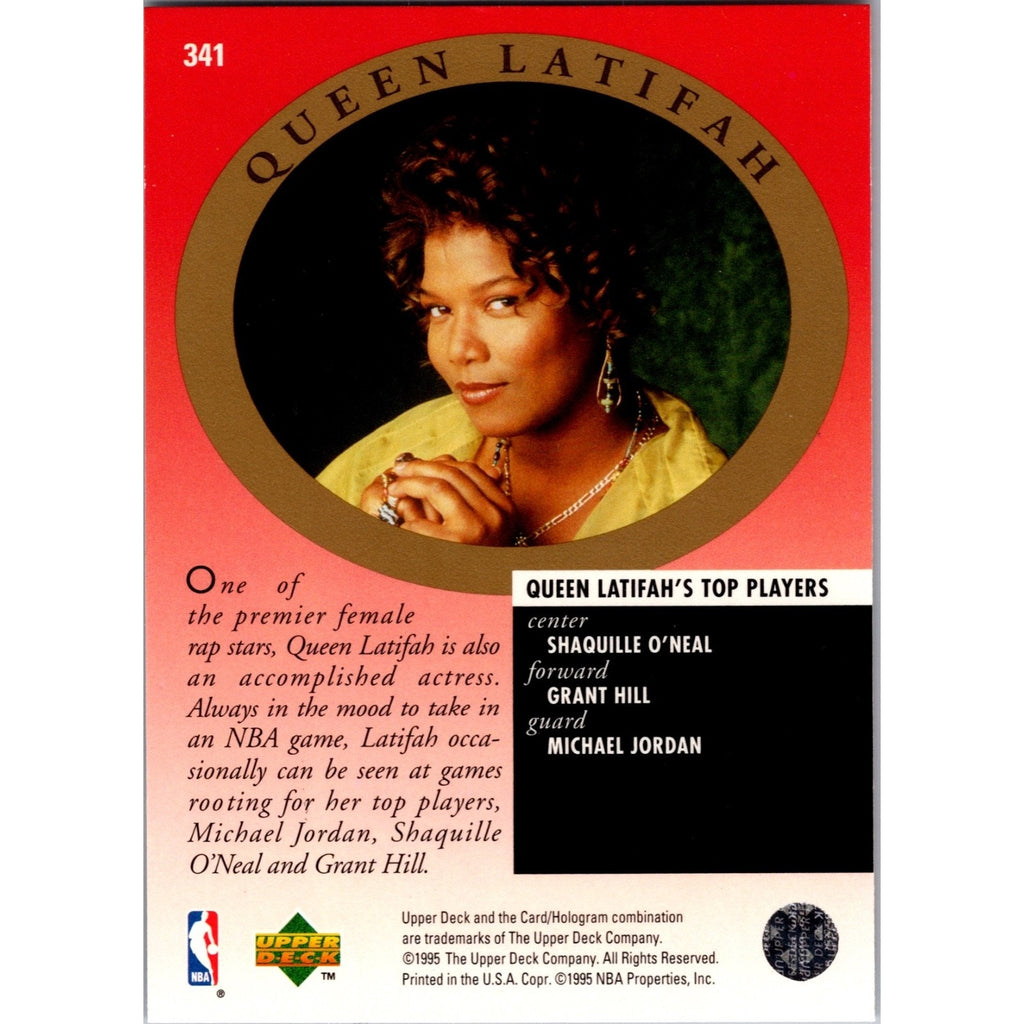 Back view of the 1995-96 Upper Deck Major Attractions Electric Court card featuring Queen Latifah profile details and card information
