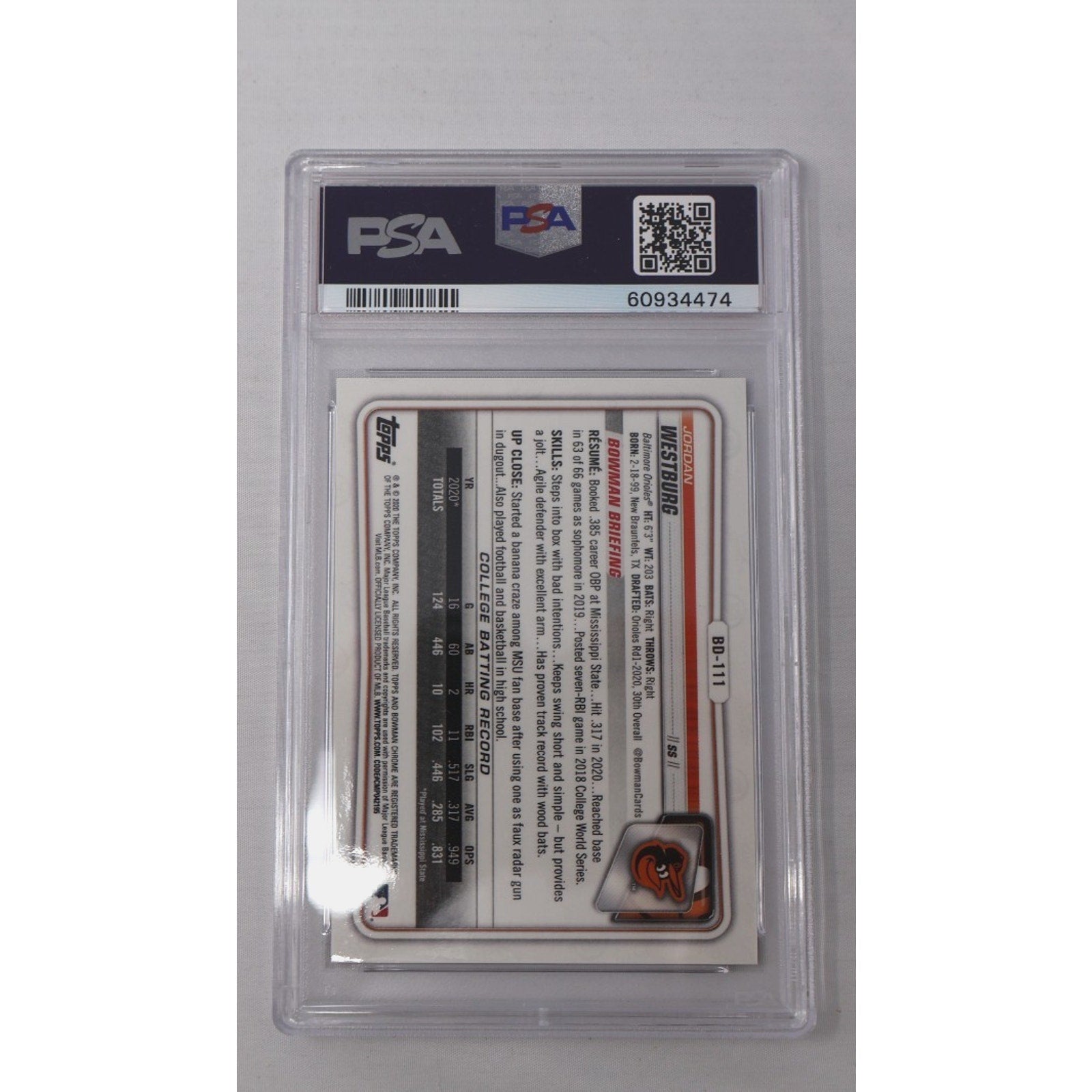 Jordan Westburg 2020 Bowman Chrome Draft 1st Purple Refractor #BD-111 PSA 9