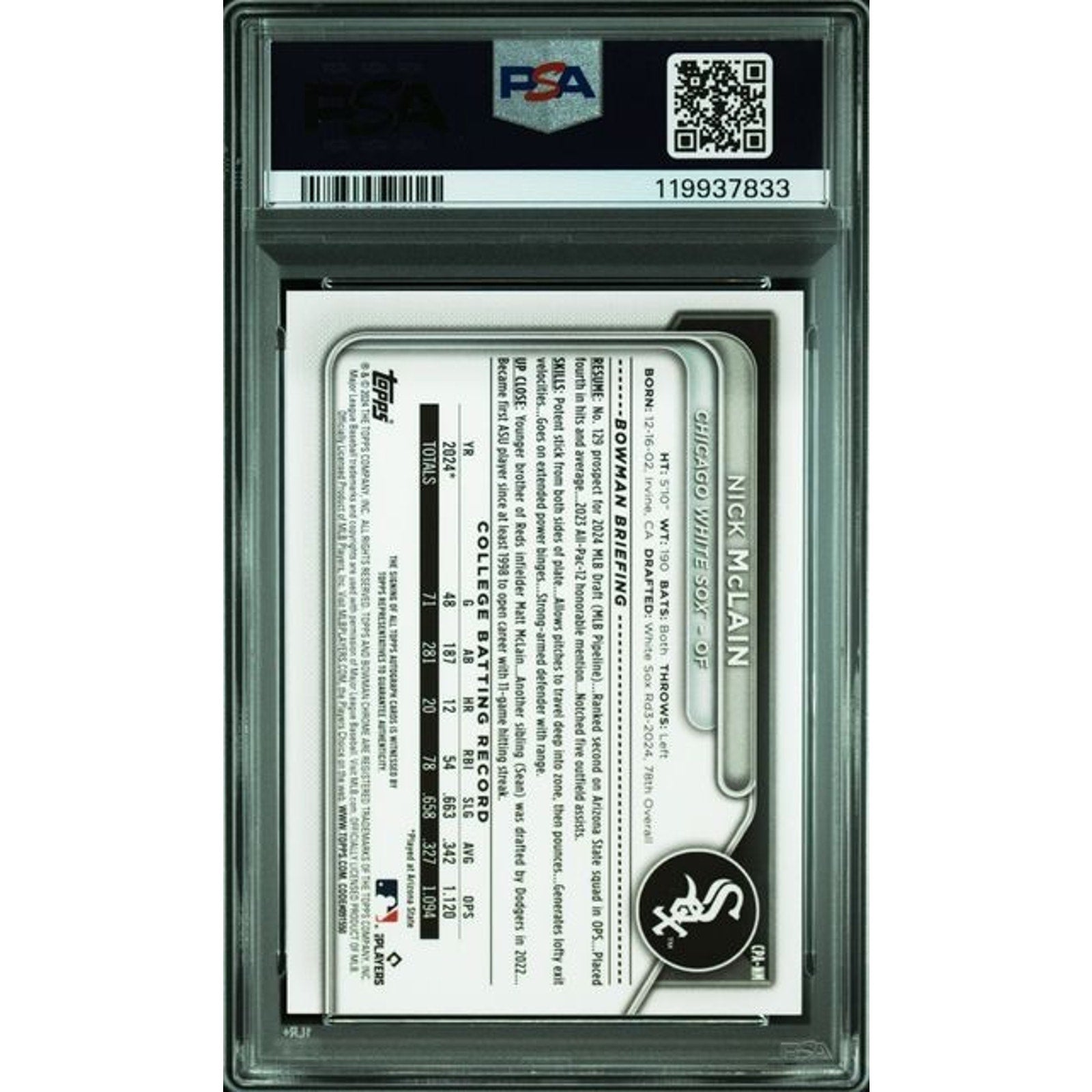 Nick McLain 2024 Bowman Chrome Draft Auto Red Refractor /5 #CPA-NM PSA 9