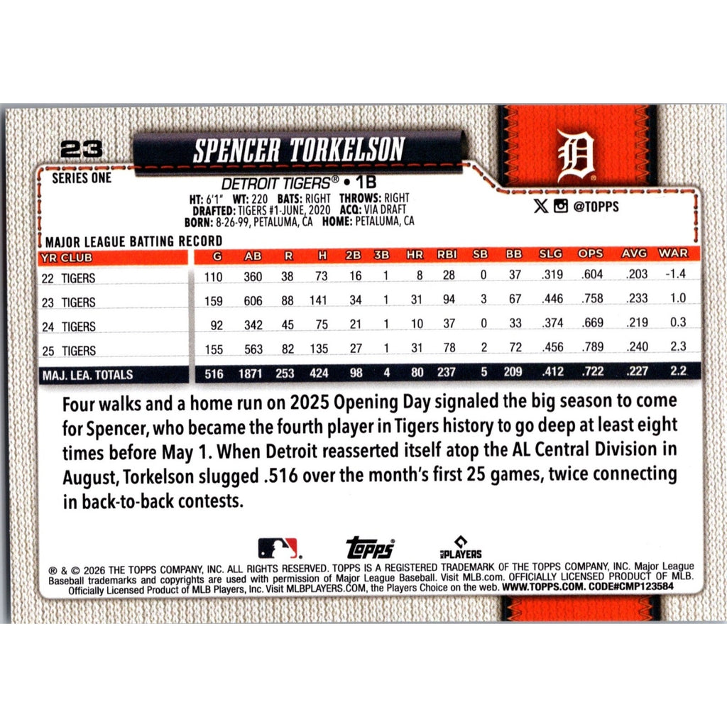 Spencer Torkelson 2026 Topps Series One #23 Walk This Way Image Variation SSP