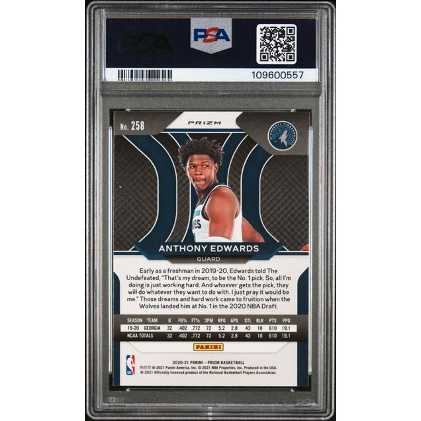 Anthony Edwards 2020-21 Panini Prizm RC Rookie Red Ice #258 PSA 8