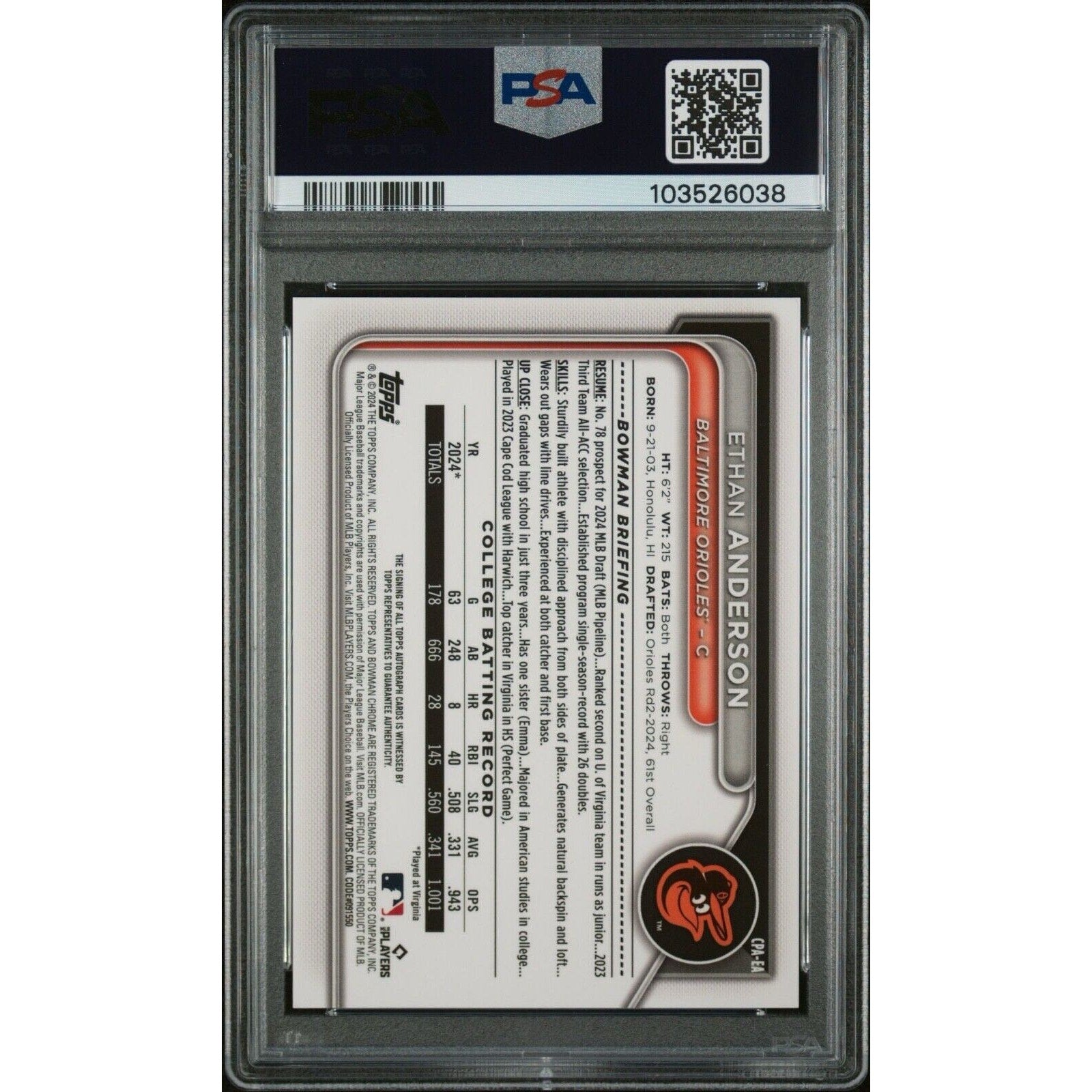 2024 BOWMAN DRAFT ETHAN ANDERSON RC AUTO #CPA-EA BLUE REFRACTOR /150 PSA 9 1st