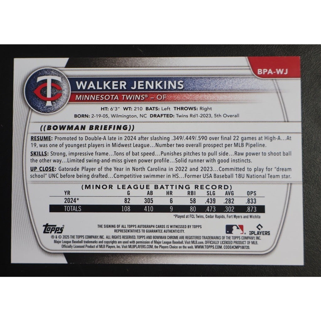 2025 Bowman Walker Jenkins Purple Auto /250 #BPA-WJ Minnesota Twins Rookie RC