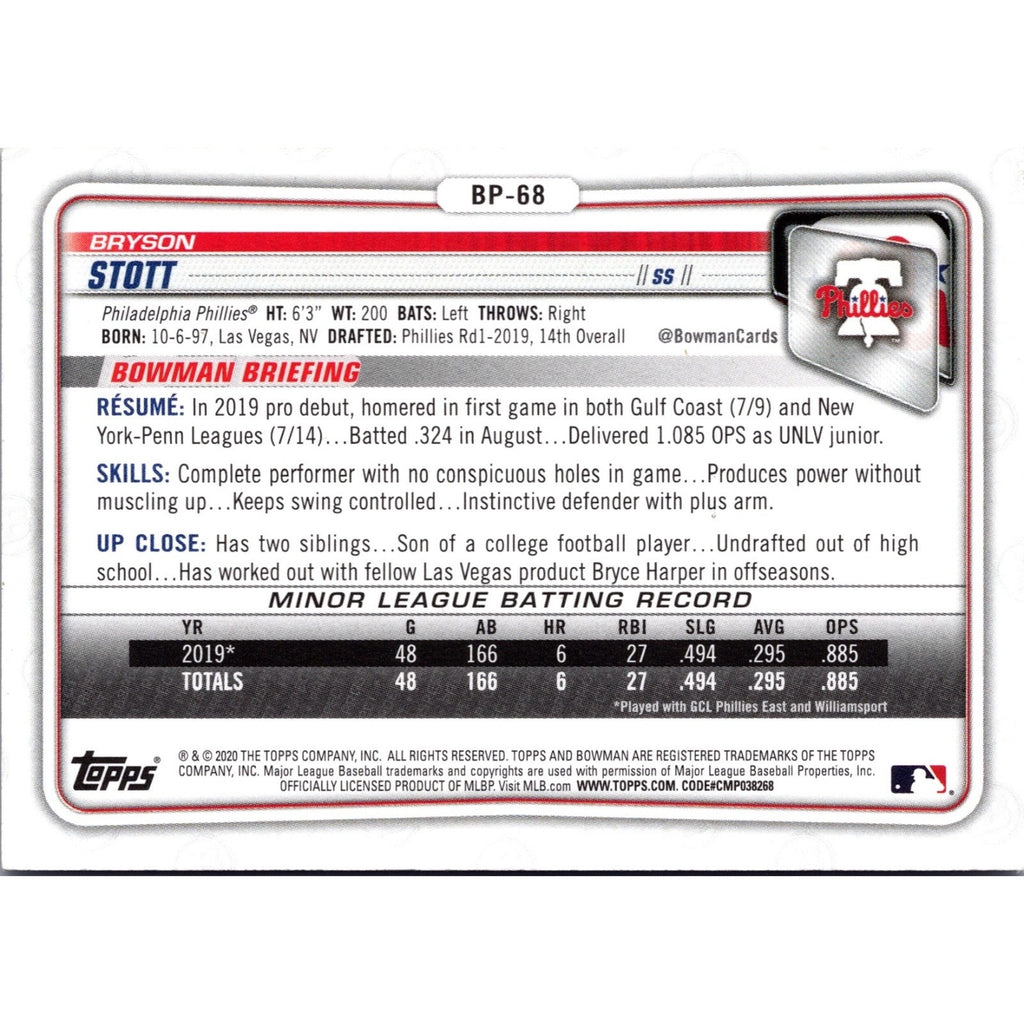 2020 Bowman #BP-68 Bryson Stott Prospects Purple #/250 Philadelphia Phillies