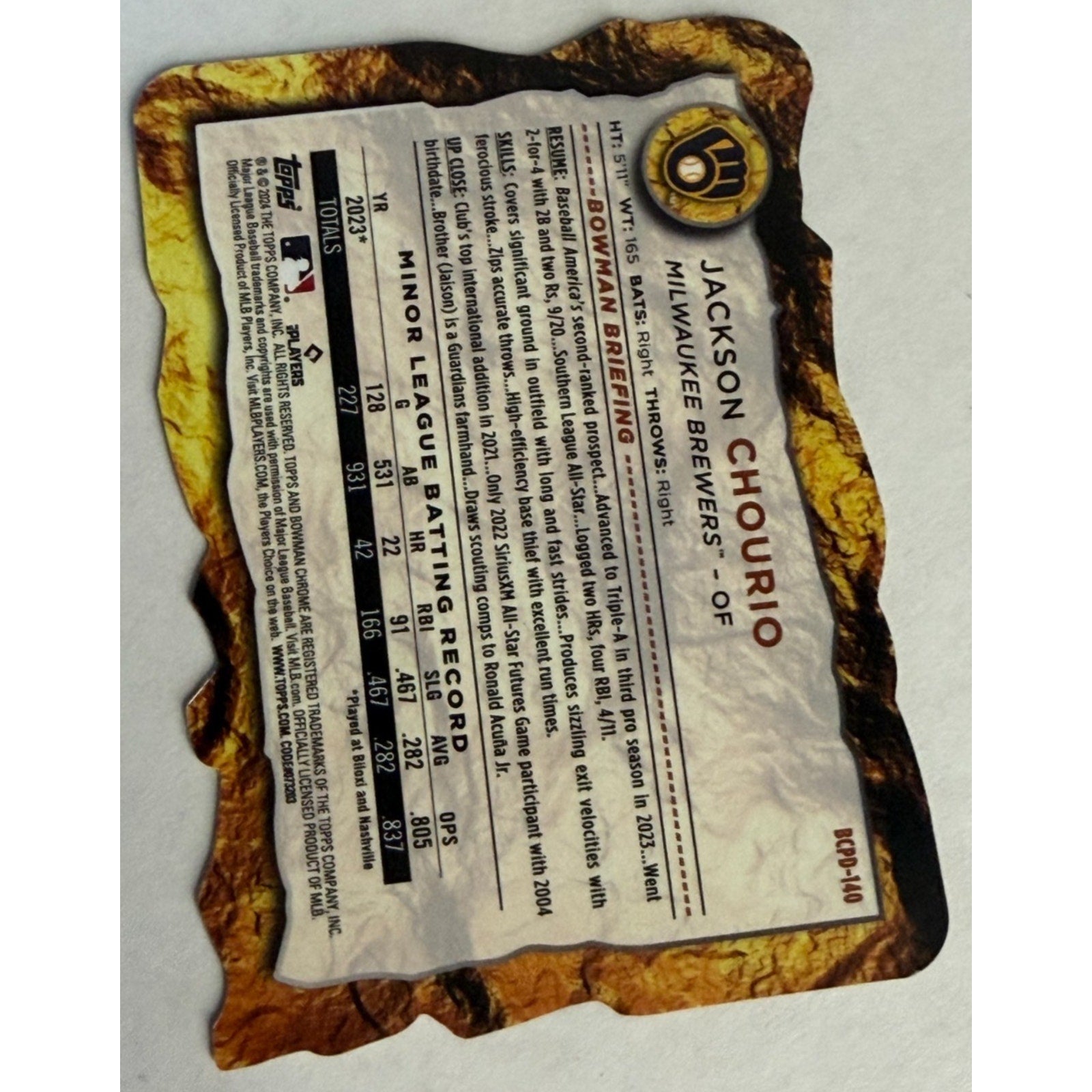 2024 Bowman Golden Nugget Die Cut Jackson Chourio #BCPD-140 SP Brewers /49