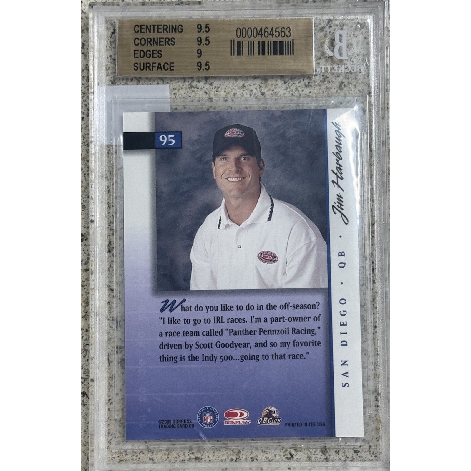 Back of Jim Harbaugh Donruss Preferred Golf Series trading card graded BGS 9.5