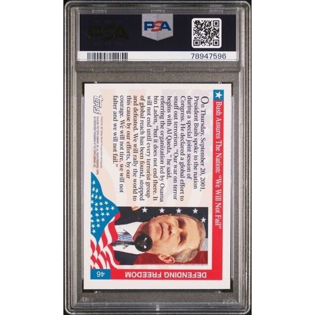 Back view of 2001 Topps Enduring Freedom President Bush Congress speech trading card PSA slab