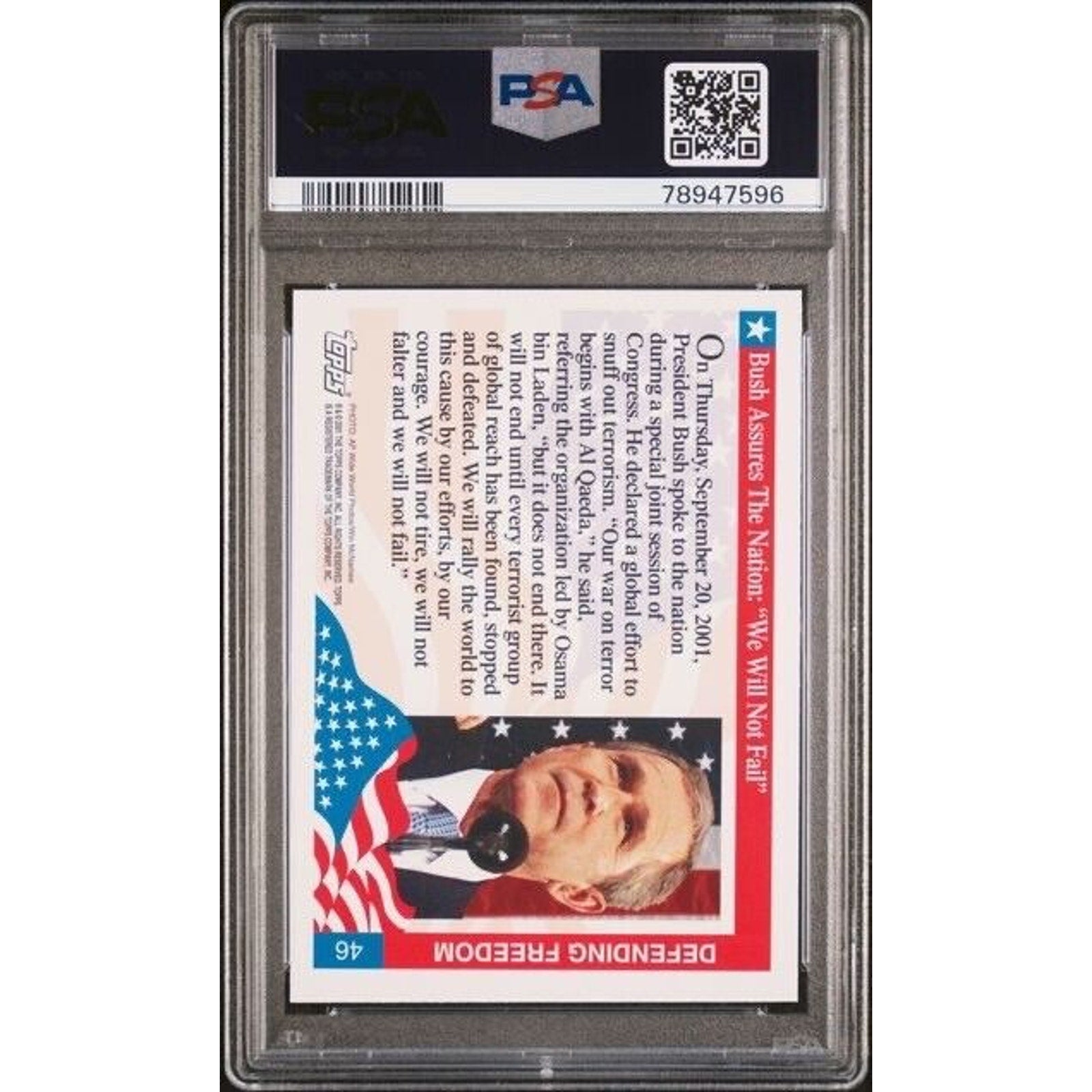 Back view of 2001 Topps Enduring Freedom President Bush Congress speech trading card PSA slab