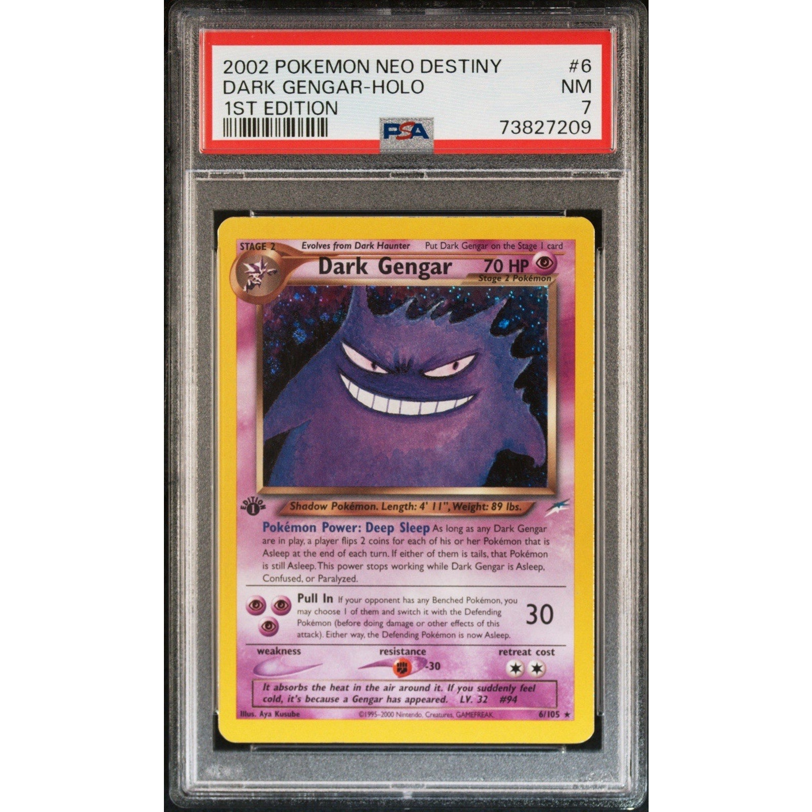 Pokémon trading card featuring Dark Gengar in a protective case with PSA grading label.
