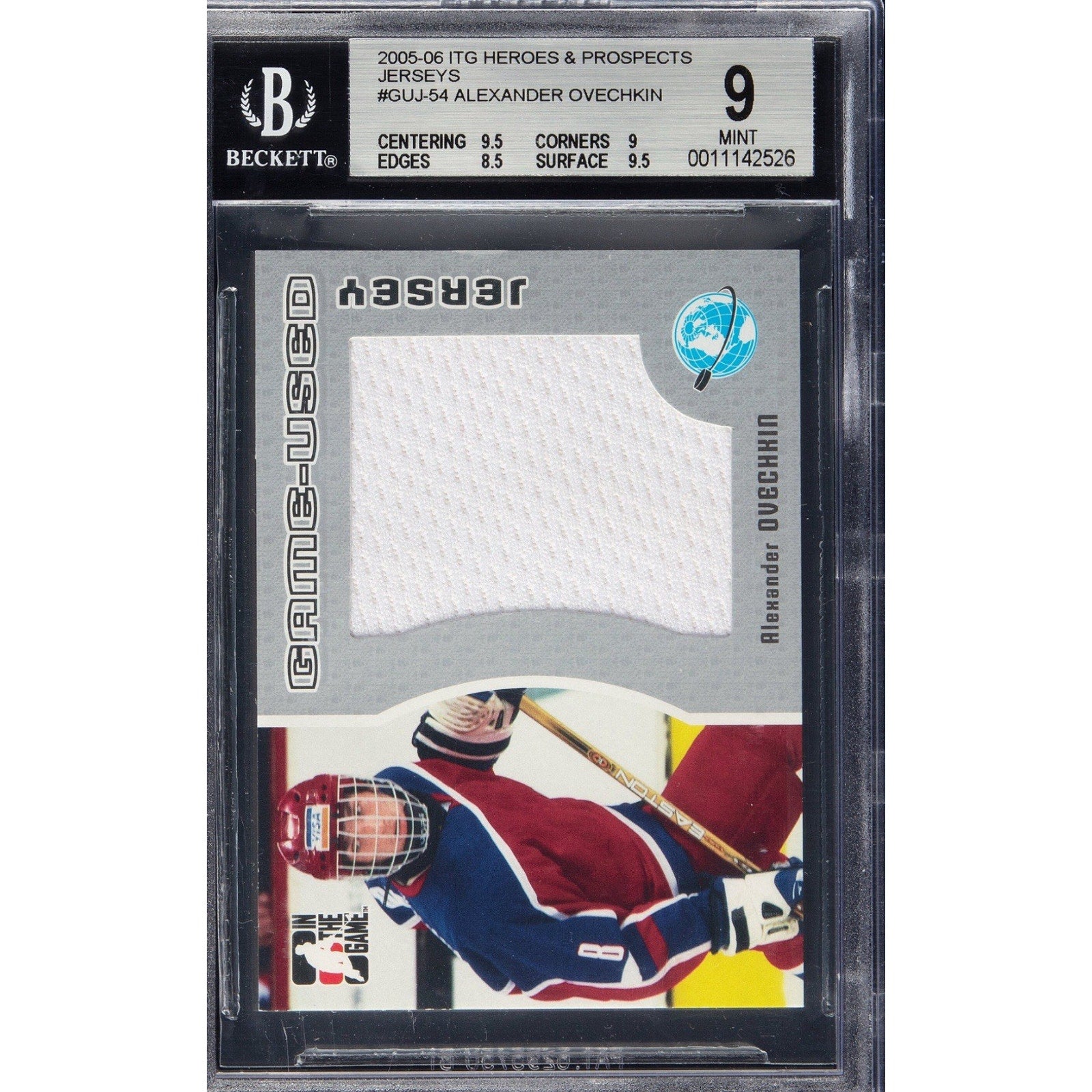 2005 In The Game Heroes and Prospects Alexander Ovechkin jersey memorabilia card #GUJ-54 BGS 9 Mint front view