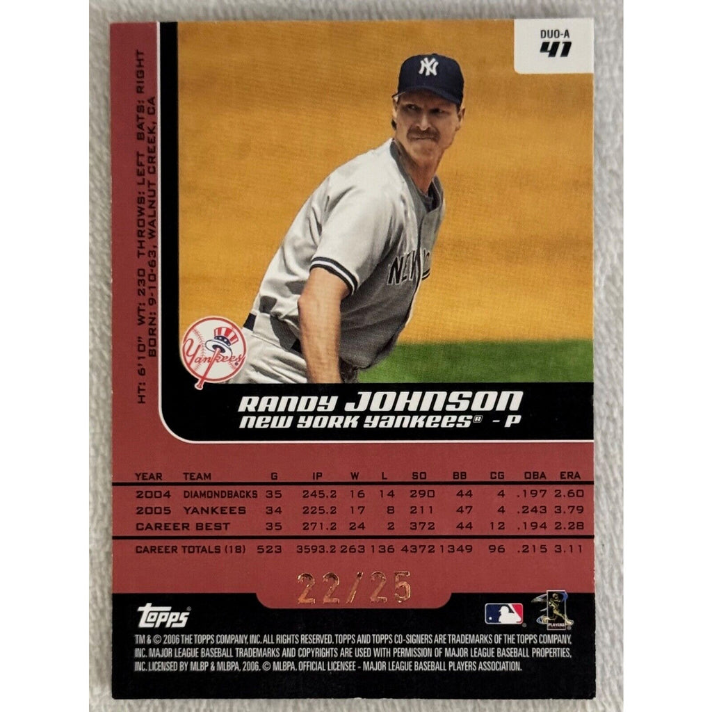 Back of 2006 Topps Co-Signers Randy Johnson Alex Rodriguez limited edition Yankees baseball card