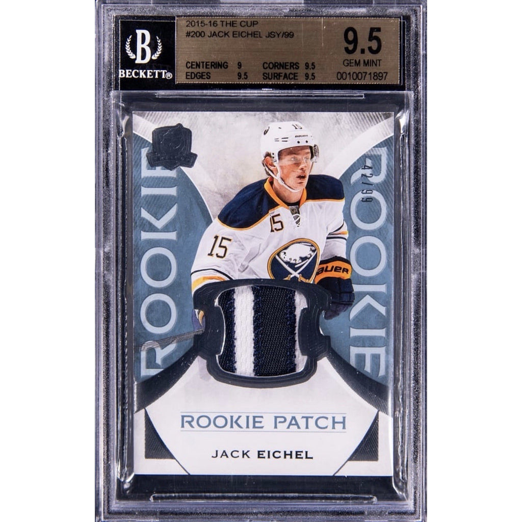 2015-16 The Cup Jack Eichel Rookie Patch card numbered 99 graded BGS 9.5 featuring Buffalo Sabres rookie memorabilia patch