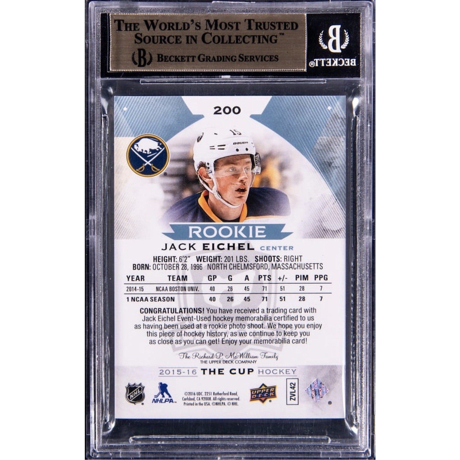 Back view of 2015-16 The Cup Jack Eichel Rookie Patch debut card graded BGS 9.5