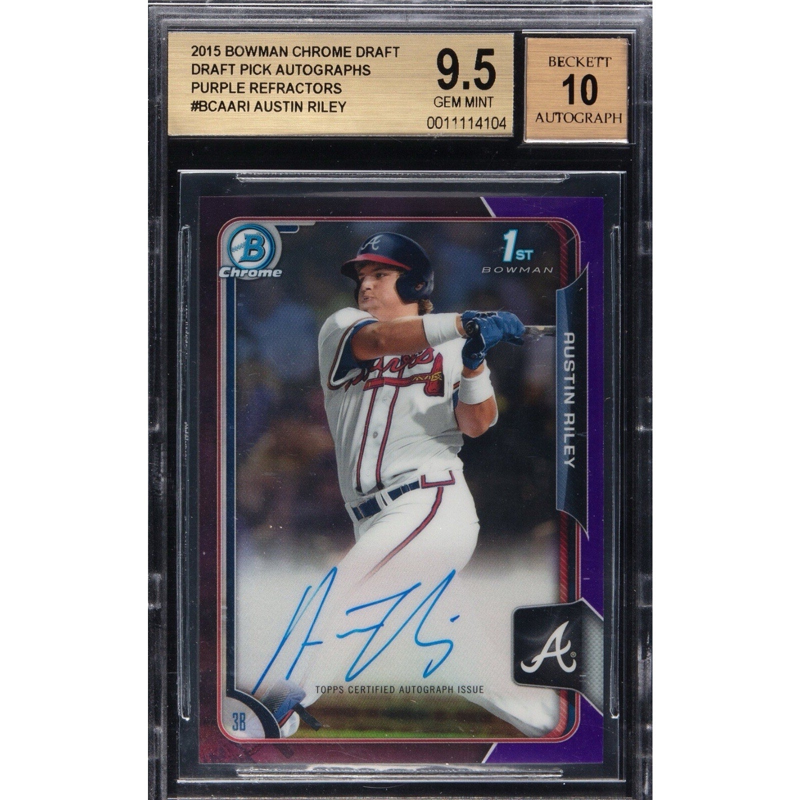 2015 Bowman Draft Chrome Austin Riley Purple Refractor autograph BGS 9.5 card front view