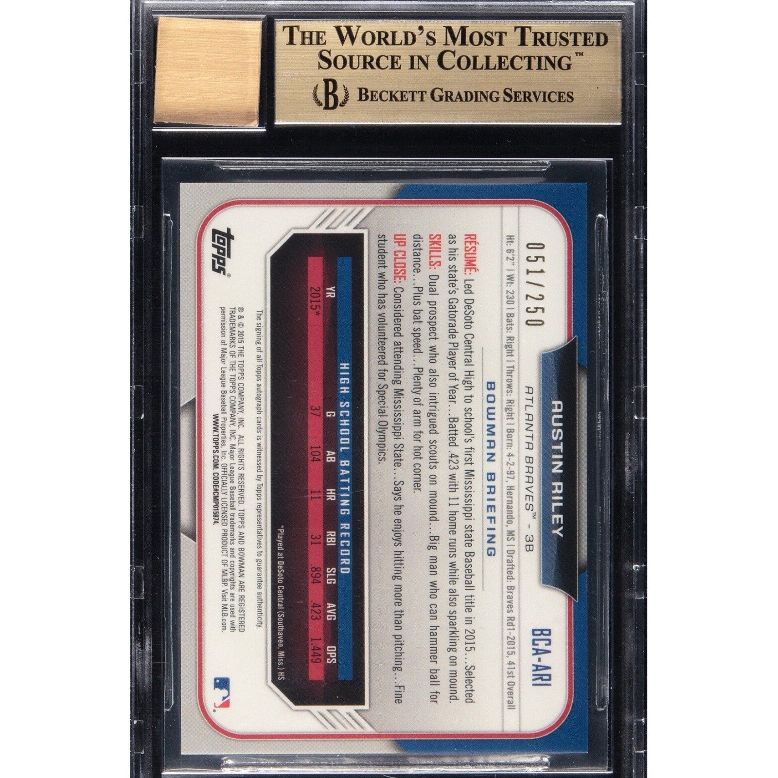 Back view of 2015 Bowman Draft Chrome Austin Riley Purple Refractor autograph card