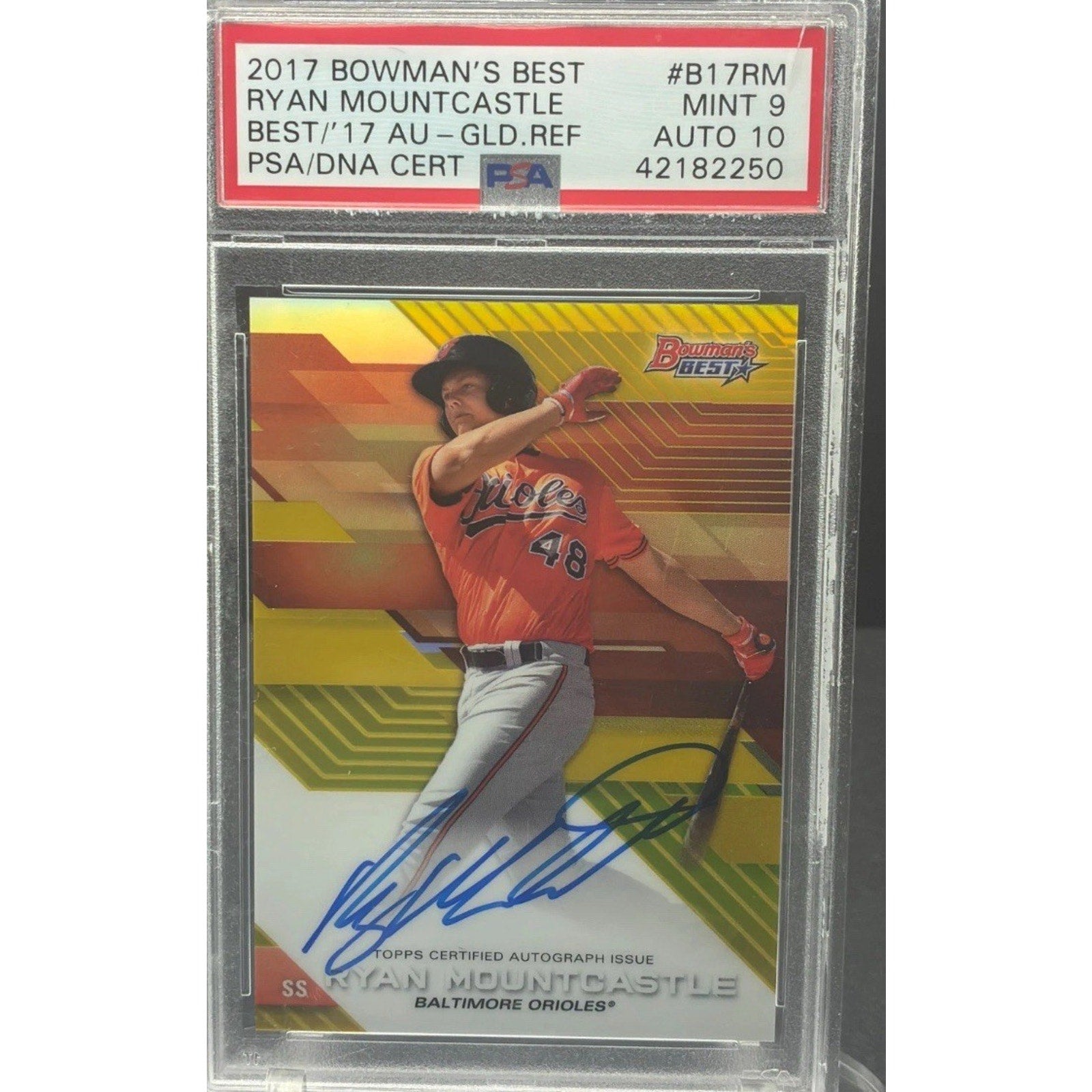 2017 Bowman’s Best Ryan Mountcastle Gold Refractor autograph card #B17-RM /50 PSA 9 Auto 10 Baltimore Orioles front view