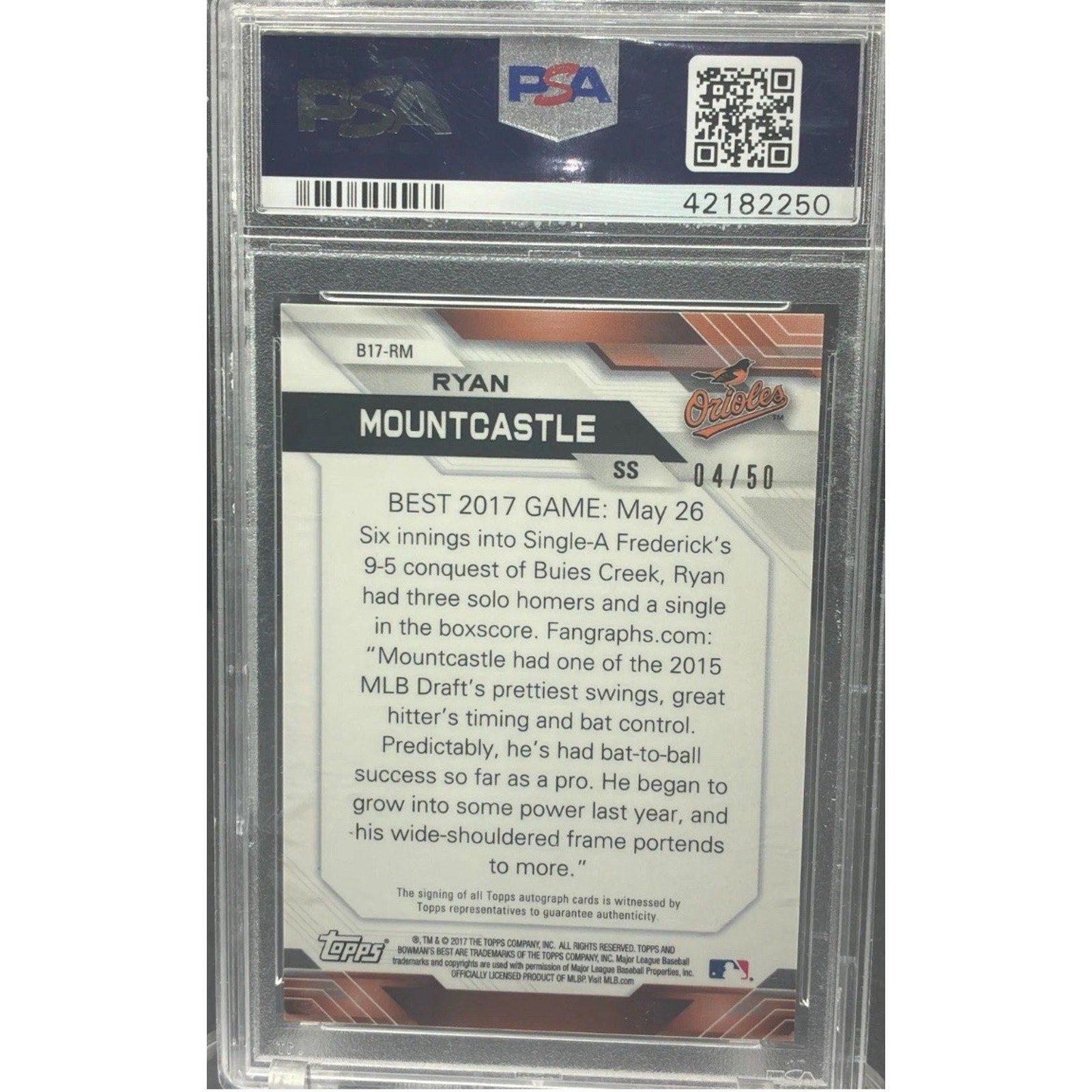 Back view of 2017 Bowman’s Best Ryan Mountcastle Gold Refractor auto baseball card graded PSA 9 with PSA 10 autograph