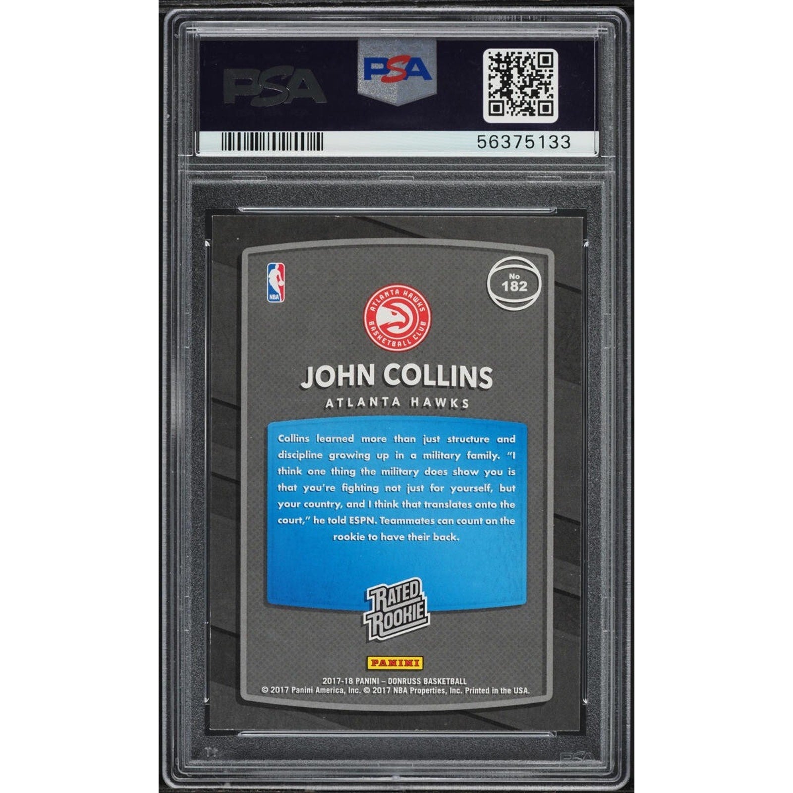 Back view of 2017 Donruss Basketball John Collins Rated Rookie card #182 PSA 9 Mint