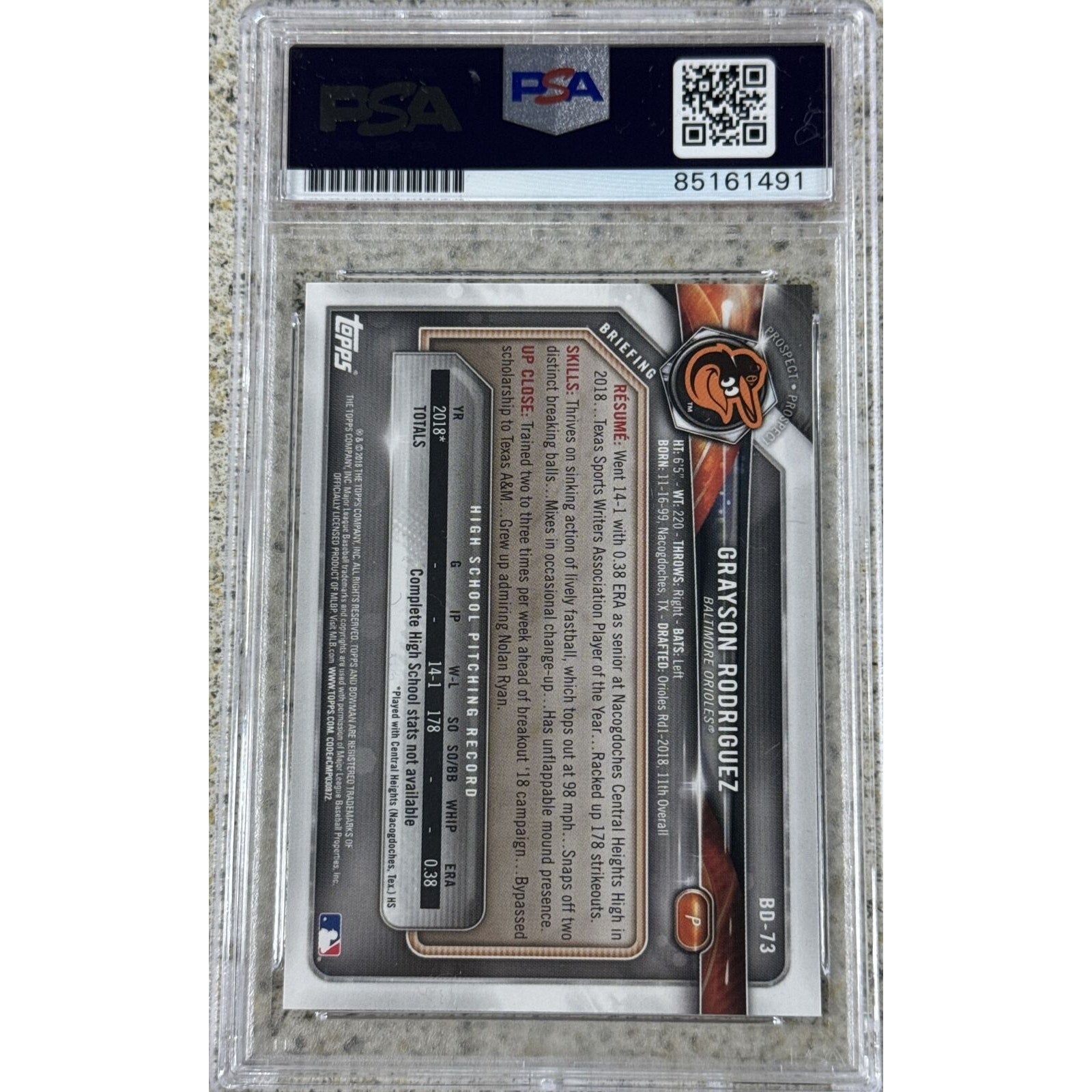Back view of Grayson Rodriguez 2018 Bowman Draft PSA DNA certified rookie autograph card