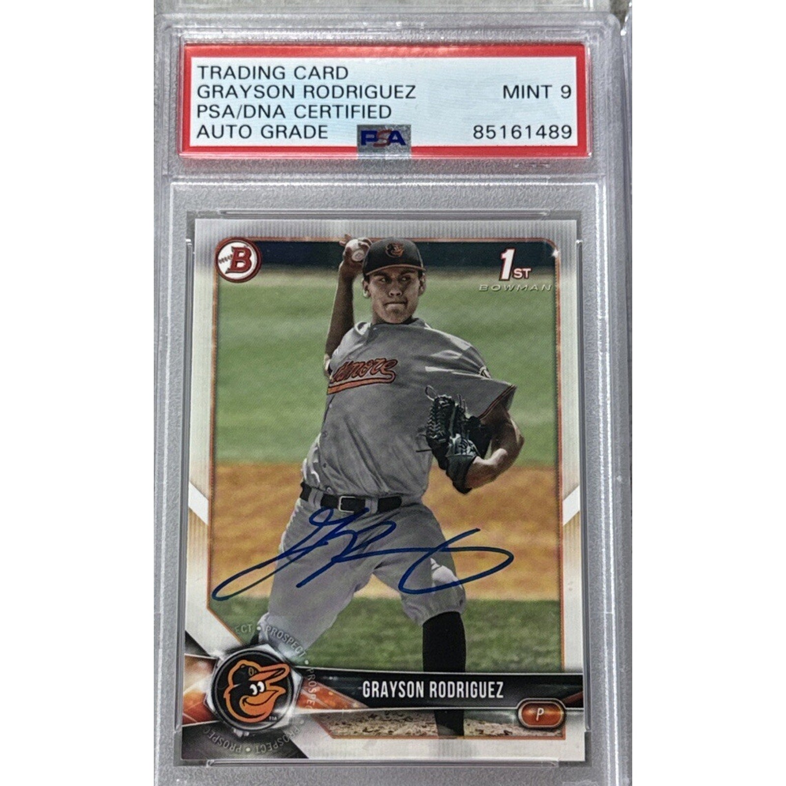 2018 1st Bowman Draft Grayson Rodriguez auto rookie card BD-73 PSA DNA 9 Mint front view