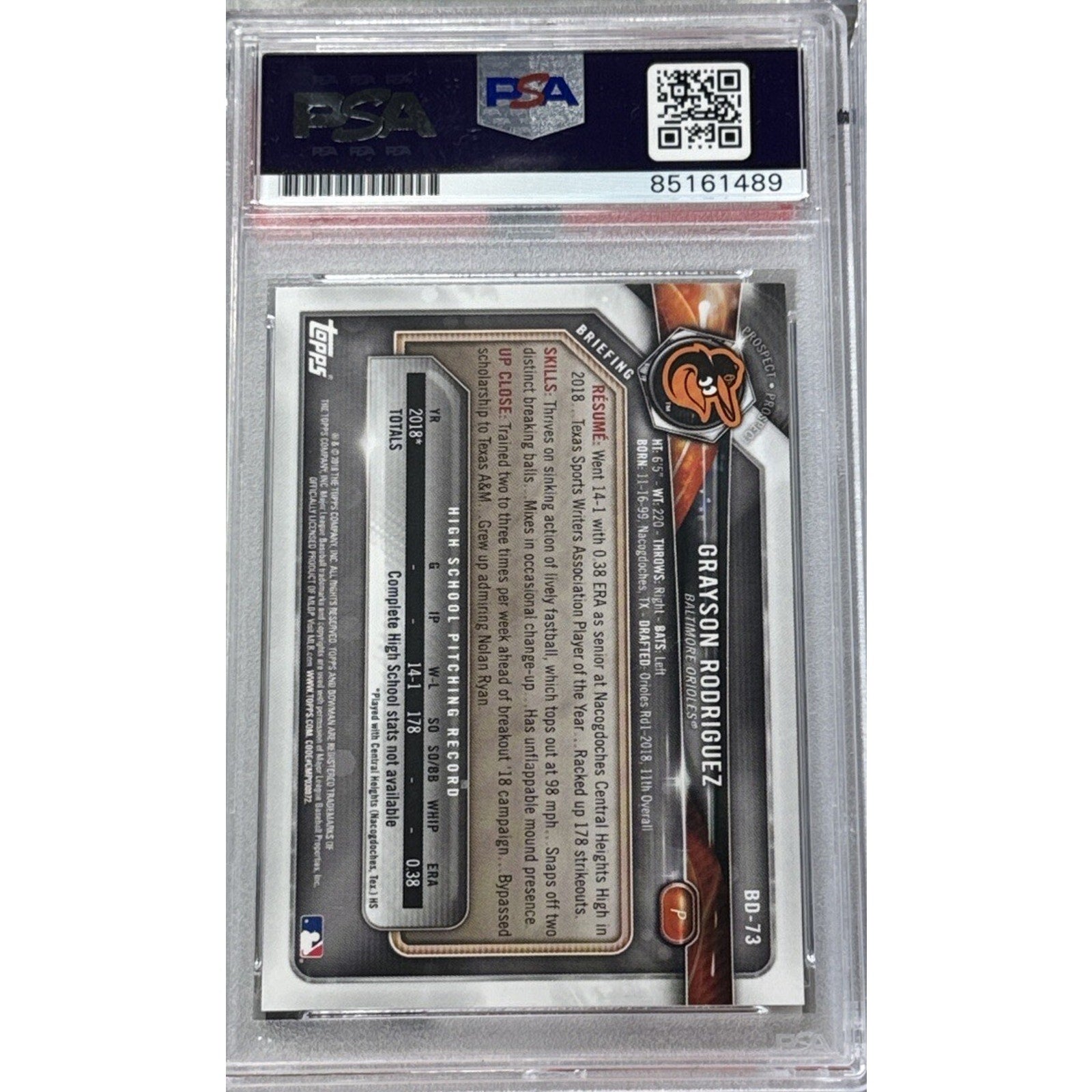 Back view of 2018 Bowman Draft Grayson Rodriguez autograph rookie card BD-73 PSA DNA 9