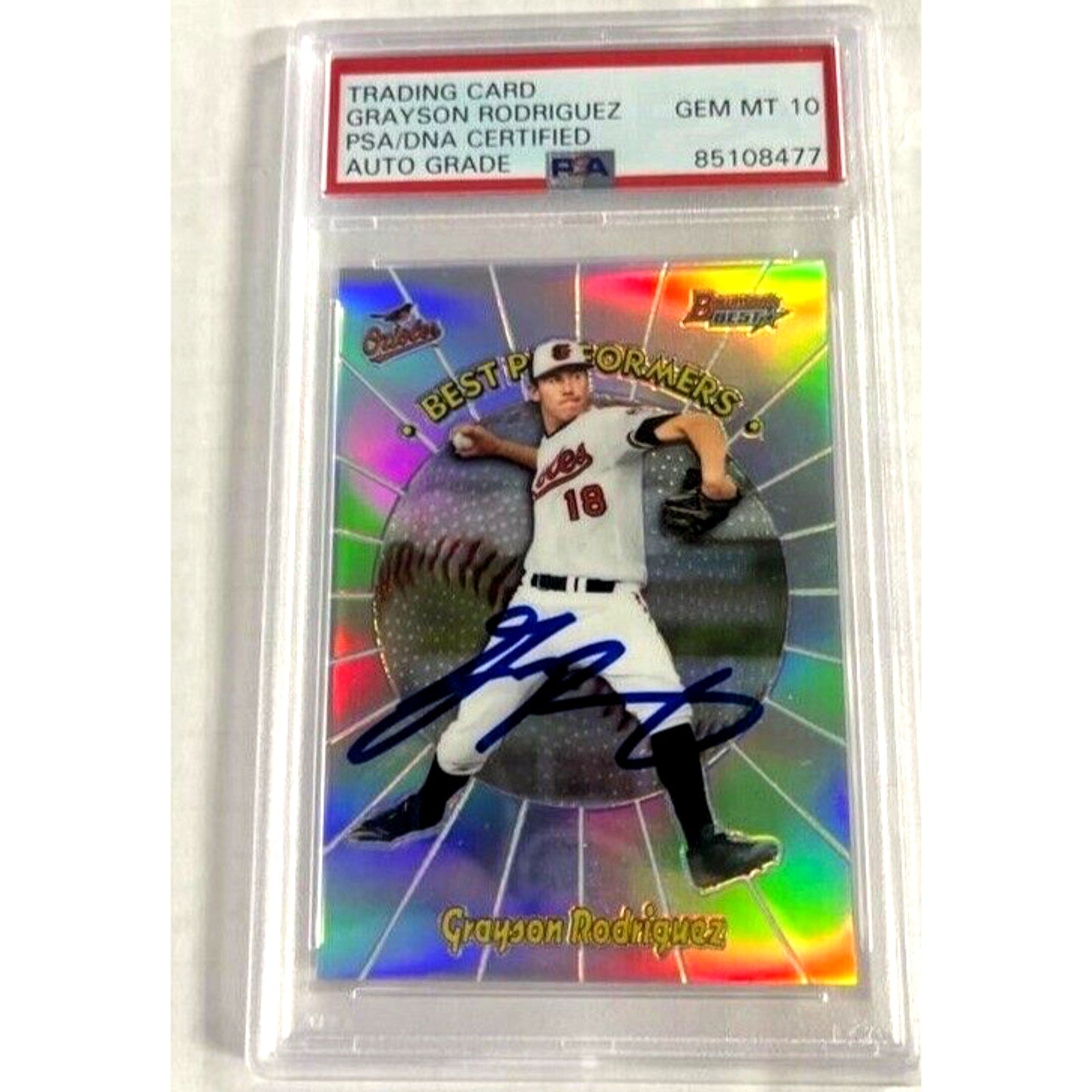 2018 Bowman Best Grayson Rodriguez Best Performers auto card PSA 10 Gem Mint front view
