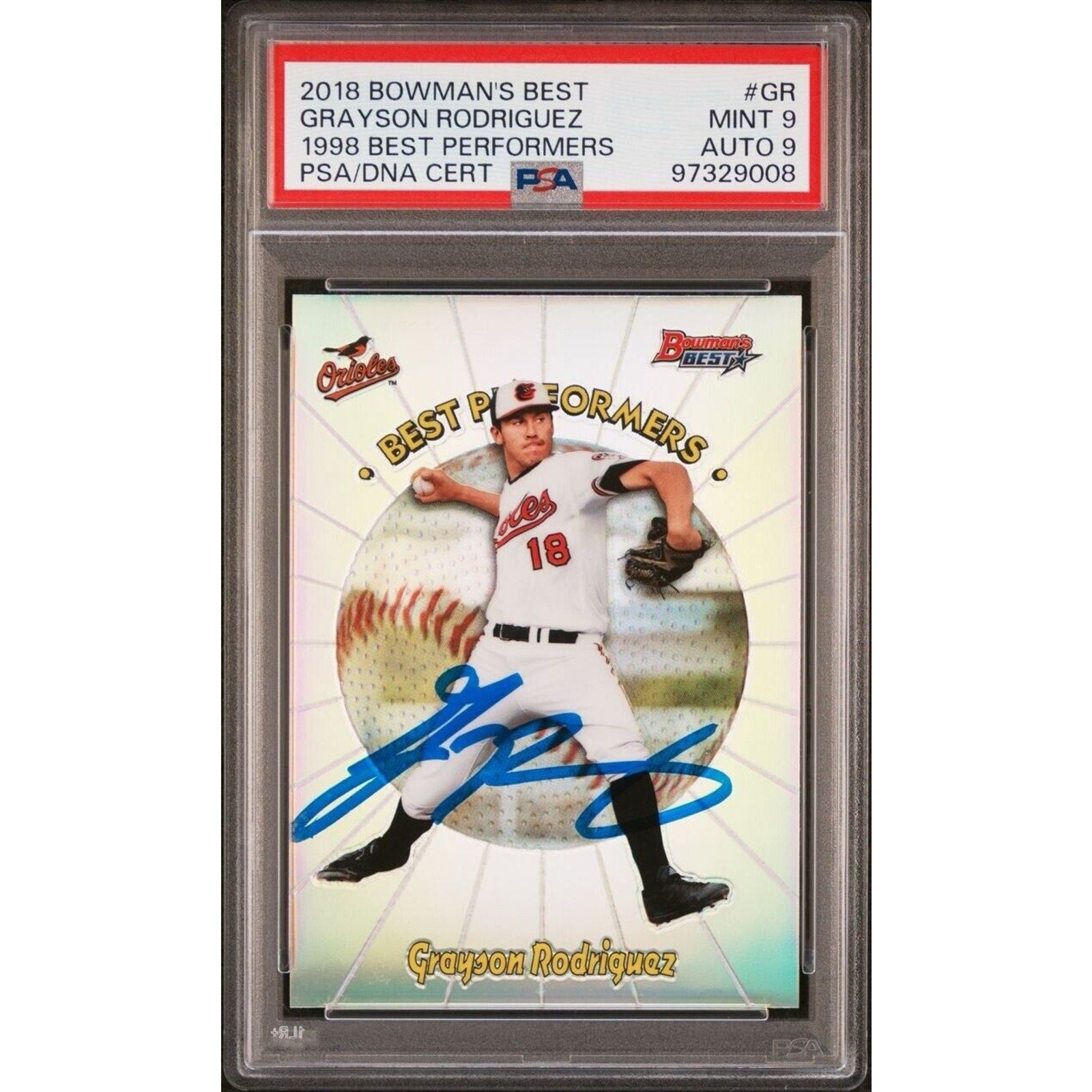 2018 Bowman Best Grayson Rodriguez Best Performers autograph PSA 9 rookie card front view
