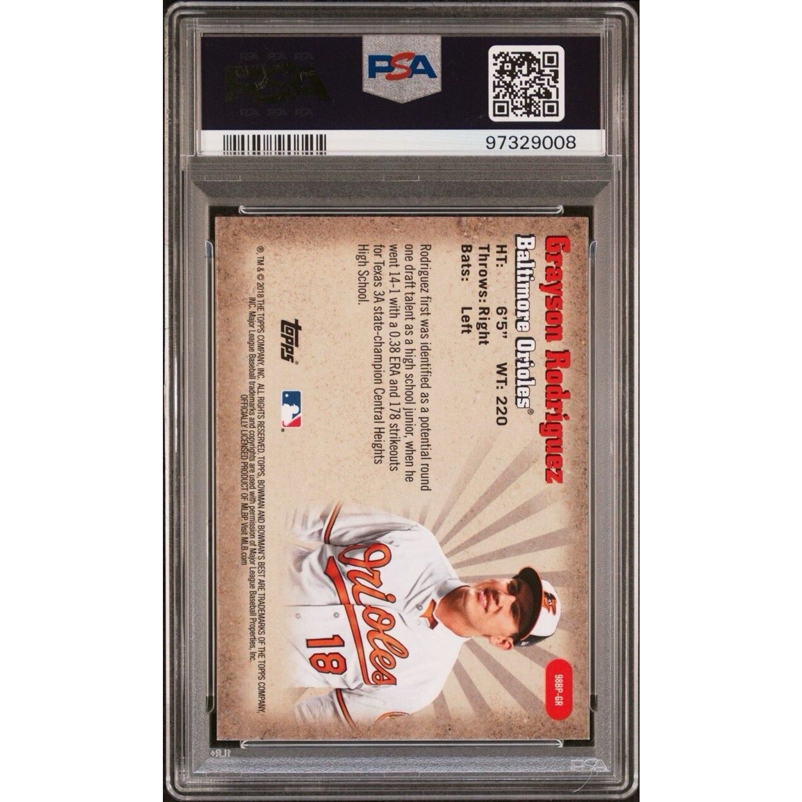 Back view of 2018 Bowman Best Grayson Rodriguez Best Performers autograph PSA card
