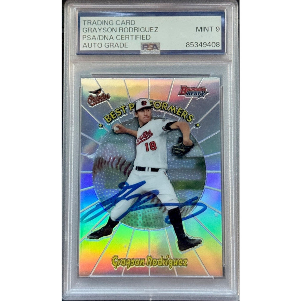 2018 Bowman Best Grayson Rodriguez Best Performers refractor autograph rookie card graded PSA 9