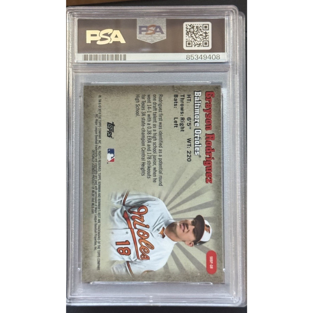 Backside of PSA slabbed Grayson Rodriguez Bowman Best autograph rookie card