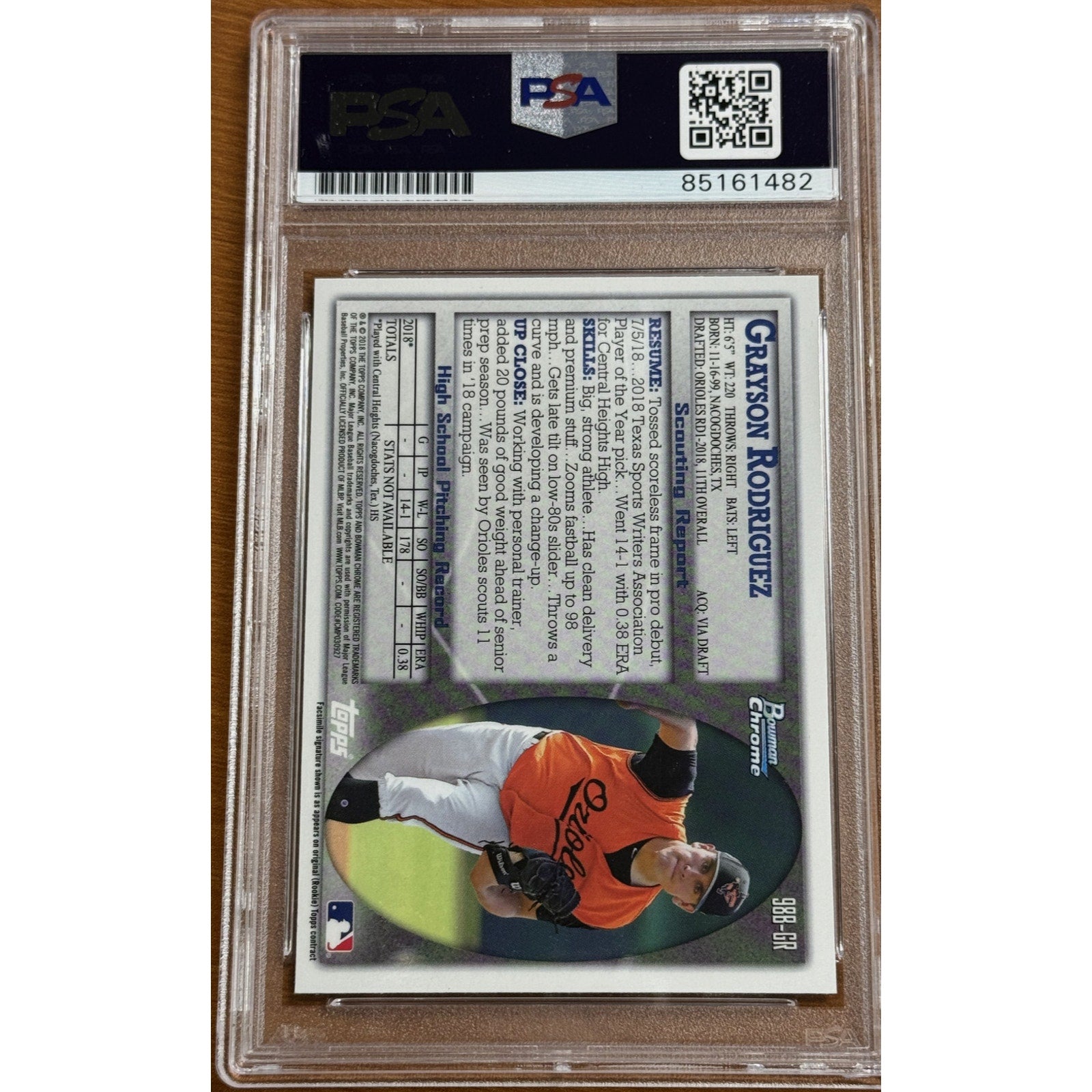 Back view of 2018 Bowman Chrome Grayson Rodriguez auto rookie card PSA 9 graded trading card