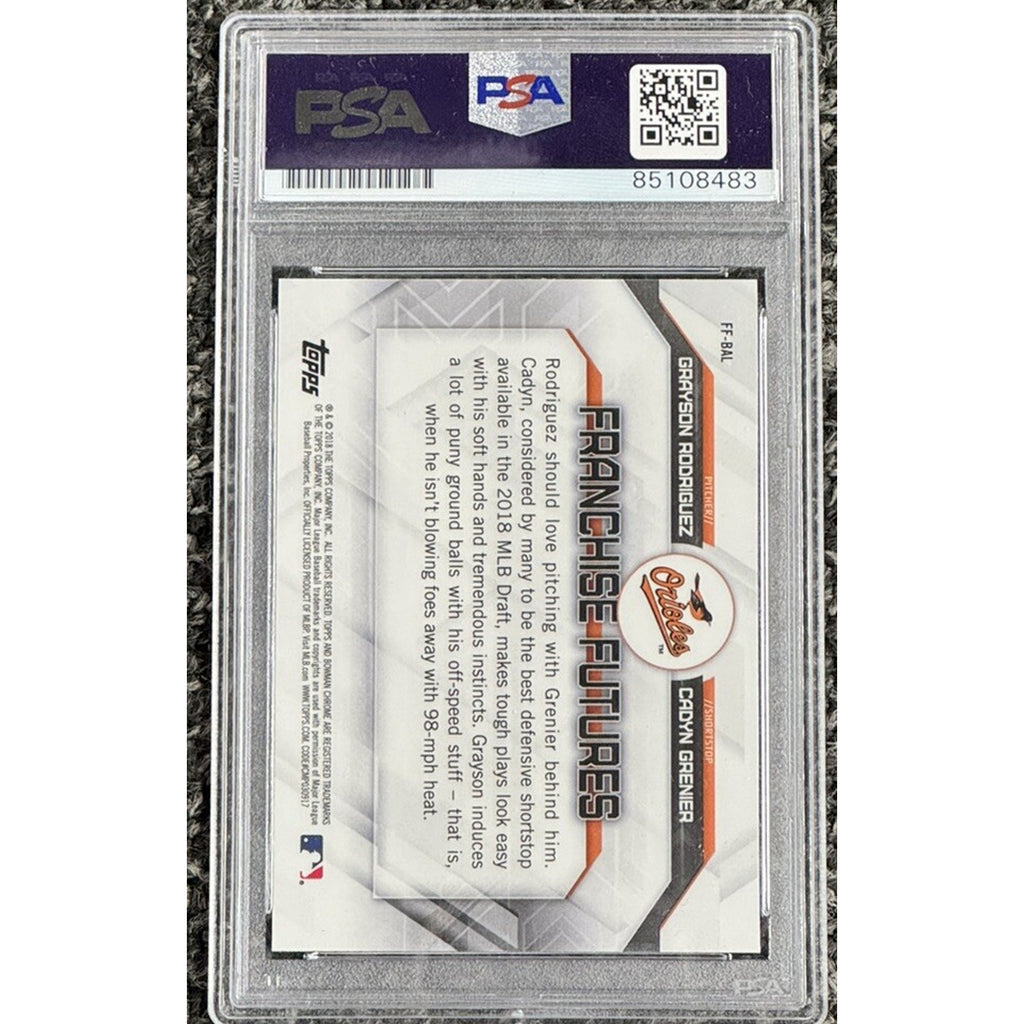 Back view of 2018 Bowman Chrome Grayson Rodriguez Franchise Futures auto card PSA DNA 10