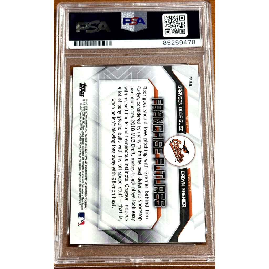 Back view of 2018 Bowman Chrome Franchise Futures Grayson Rodriguez auto rookie card PSA DNA authenticated