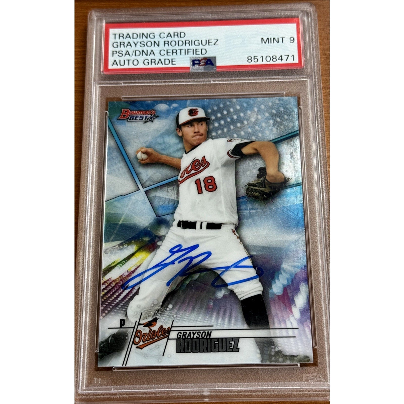2018 Bowman Best Grayson Rodriguez auto rookie card TP-21 PSA DNA 9 Mint front view
