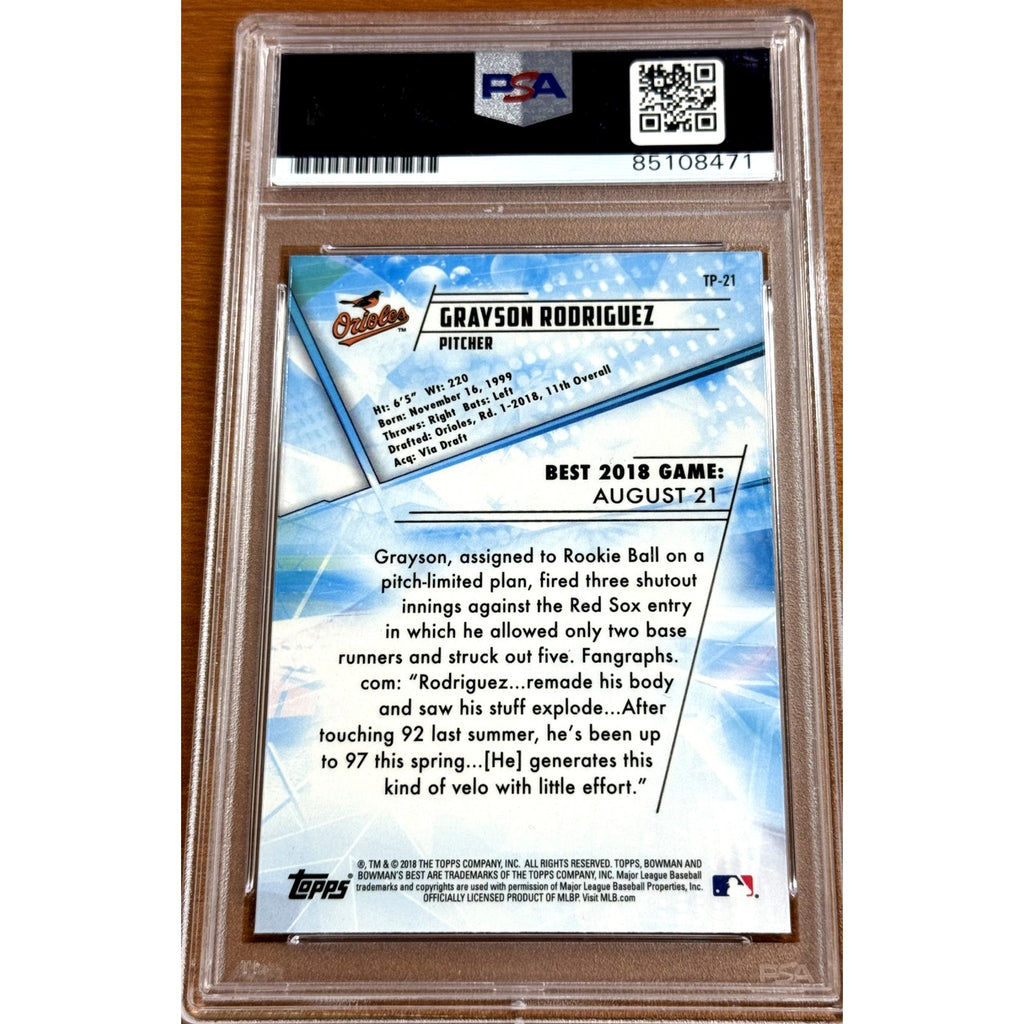 Back view of 2018 Bowman Best Grayson Rodriguez autograph rookie card TP-21 PSA DNA 9