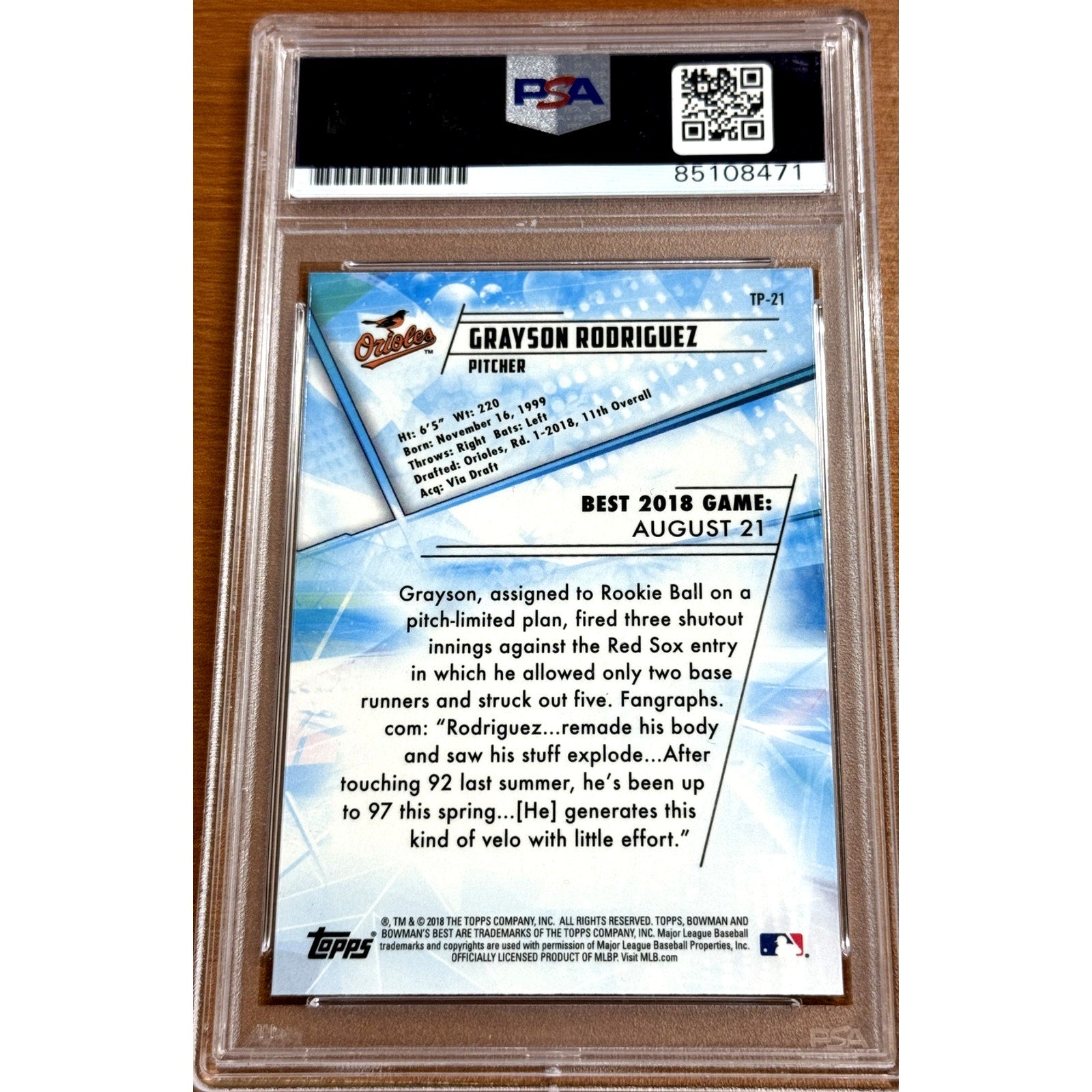 Back view of 2018 Bowman Best Grayson Rodriguez autograph rookie card TP-21 PSA DNA 9