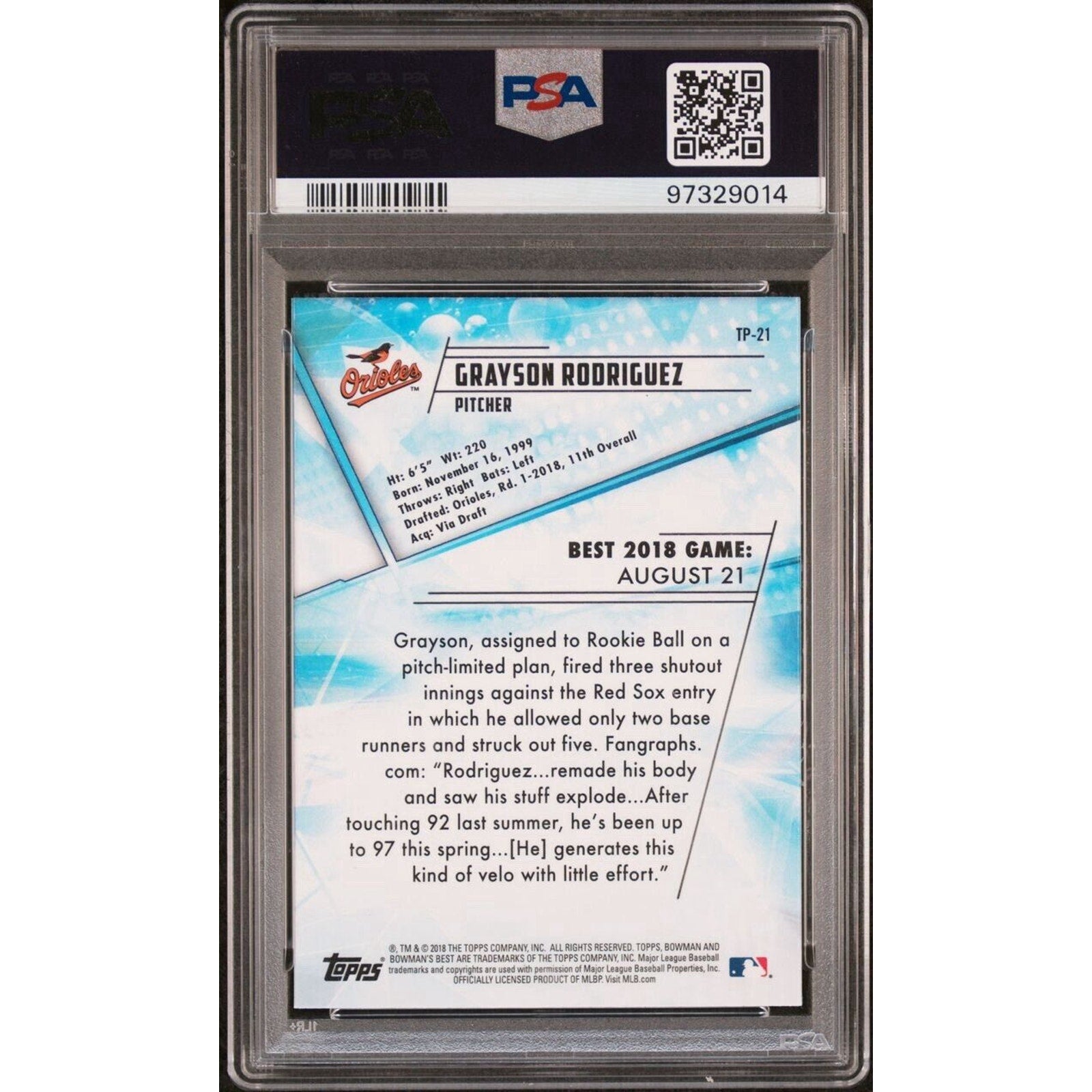 Back view of 2018 Bowman Best Grayson Rodriguez rookie autograph PSA card