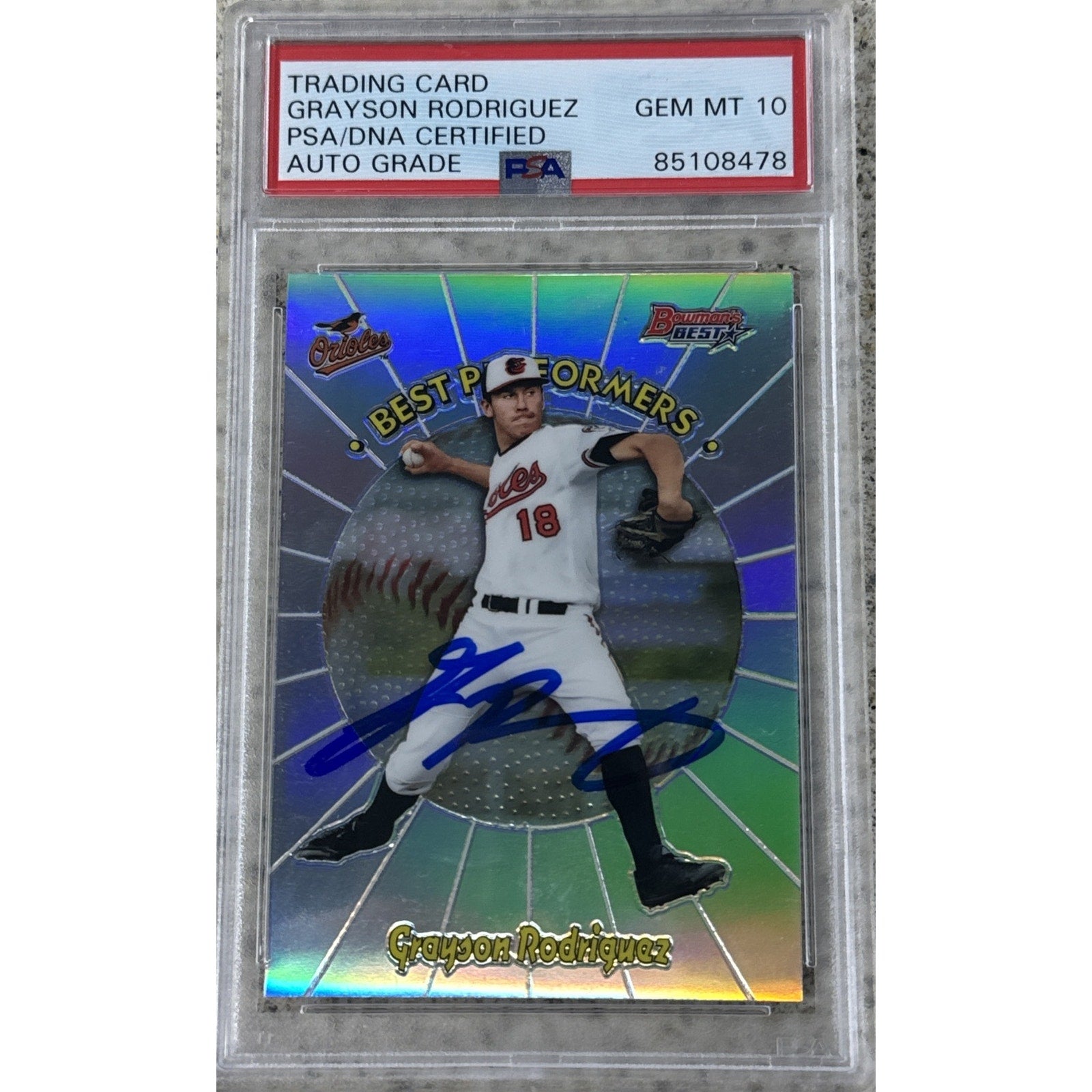 2018 Bowman’s Best Performers Grayson Rodriguez autograph rookie card PSA DNA 10 front view