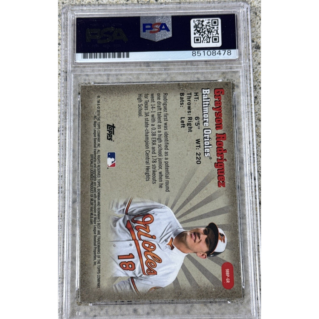 Back of PSA graded Grayson Rodriguez Bowman’s Best autograph baseball card