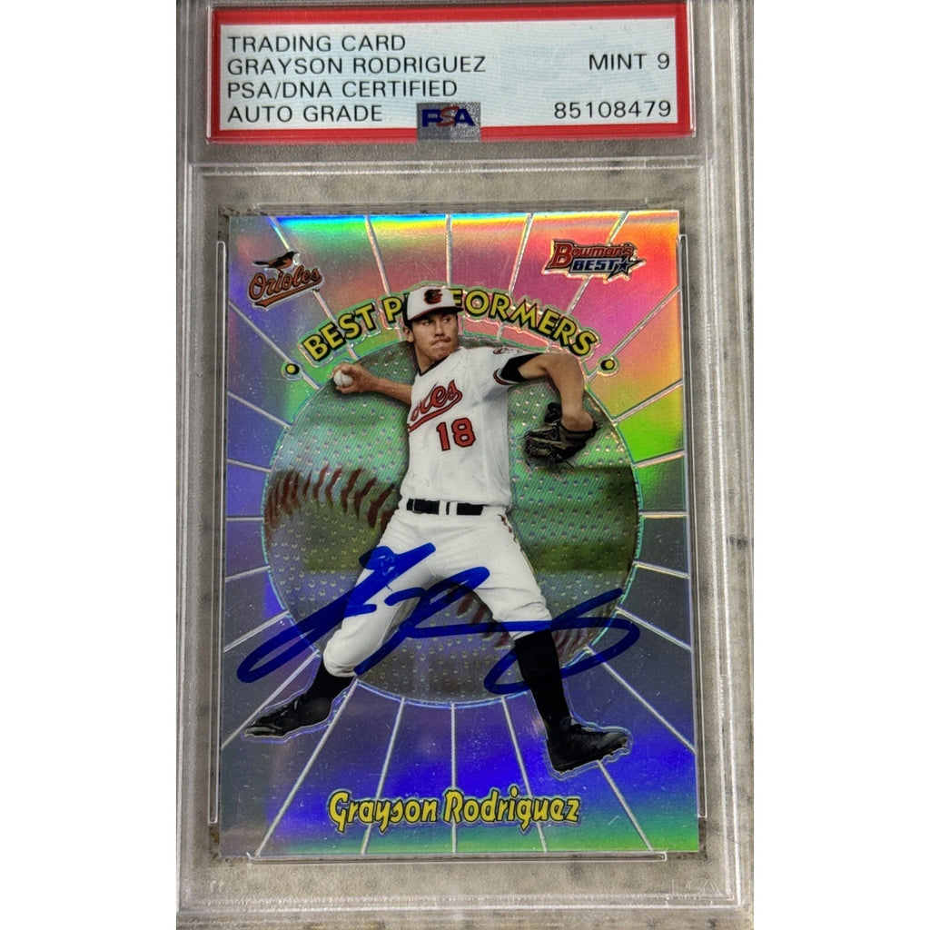 2018 Bowman’s Best Performers Grayson Rodriguez autograph rookie card PSA 9 front view