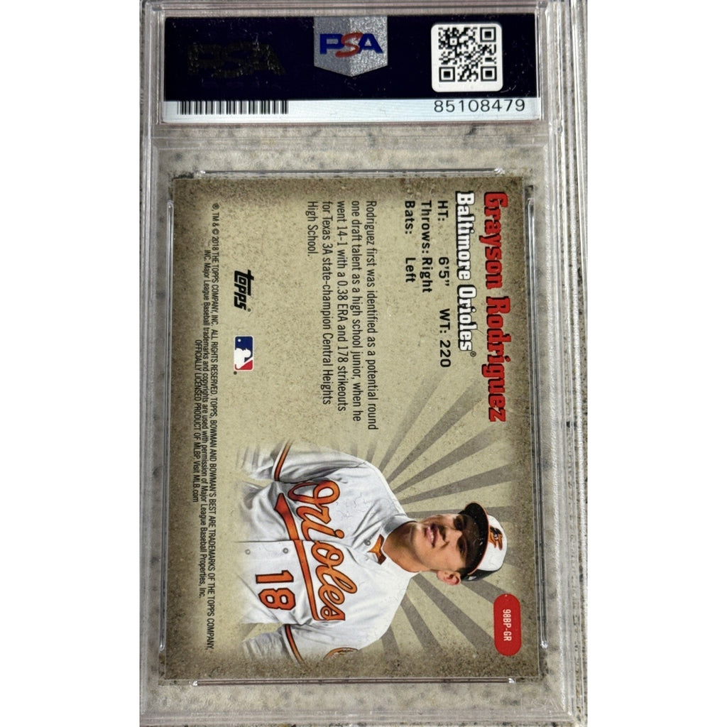 Back of PSA graded Grayson Rodriguez Bowman’s Best autograph baseball card