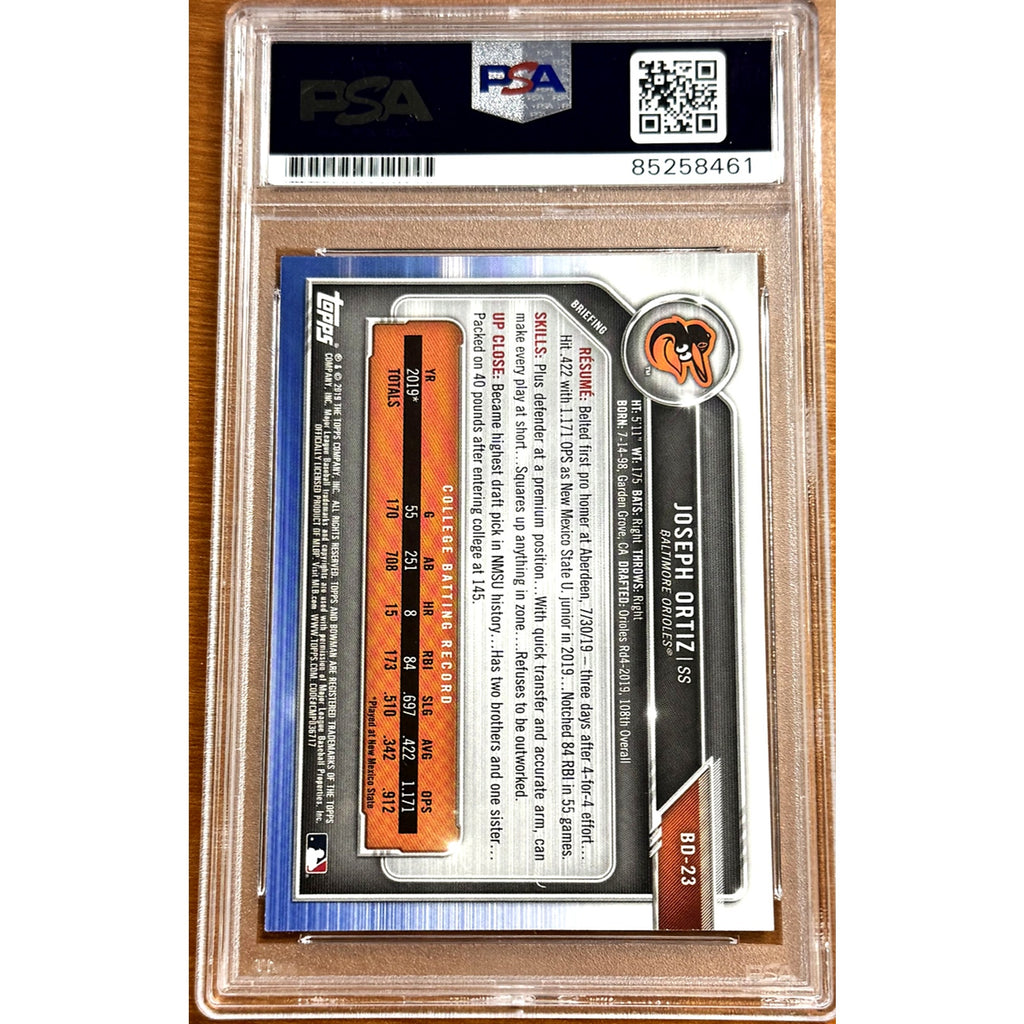 Back view of 2019 Bowman Draft Joey Ortiz autograph rookie card PSA DNA 10 Gem Mint
