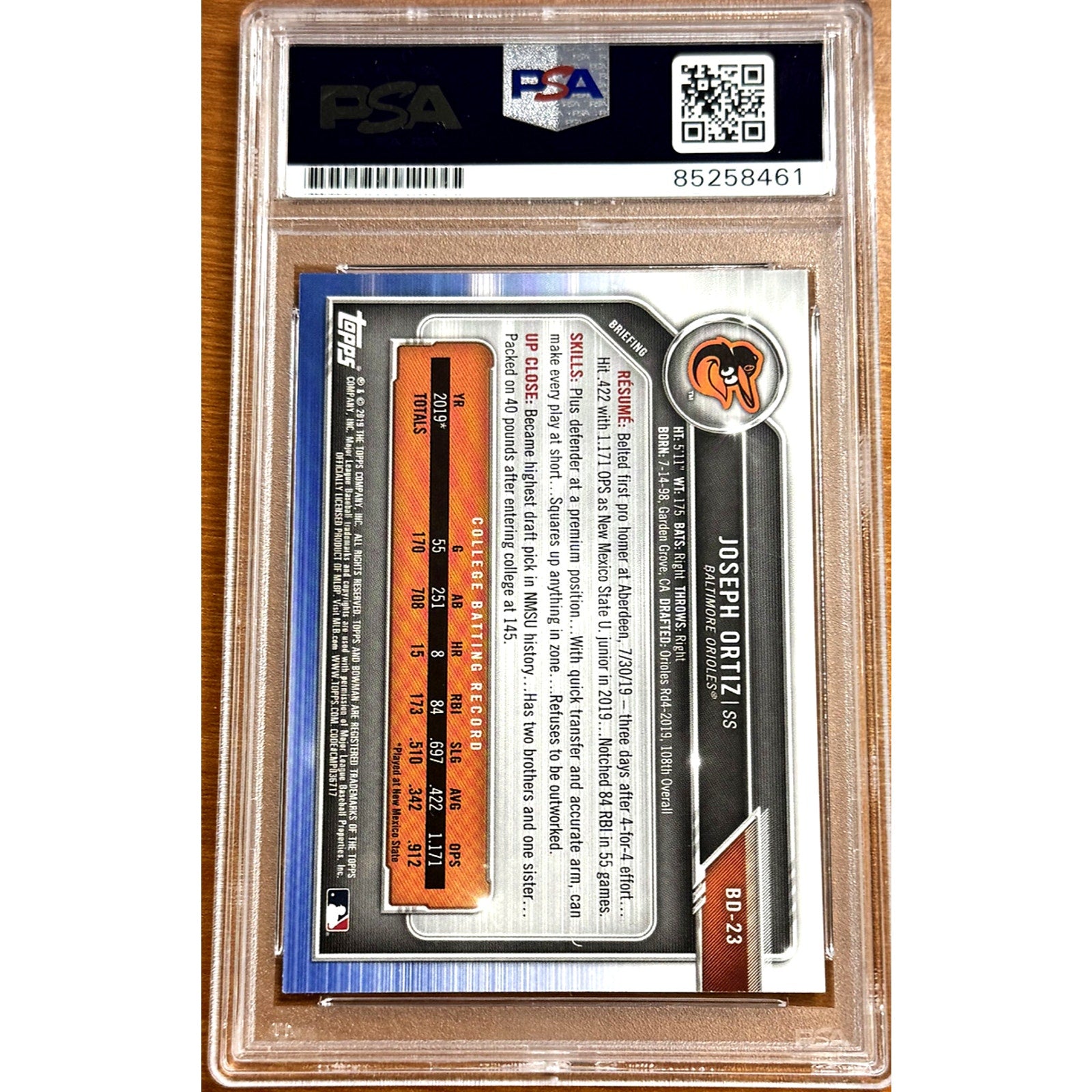 Back view of 2019 Bowman Draft Joey Ortiz autograph rookie card PSA DNA 10 Gem Mint