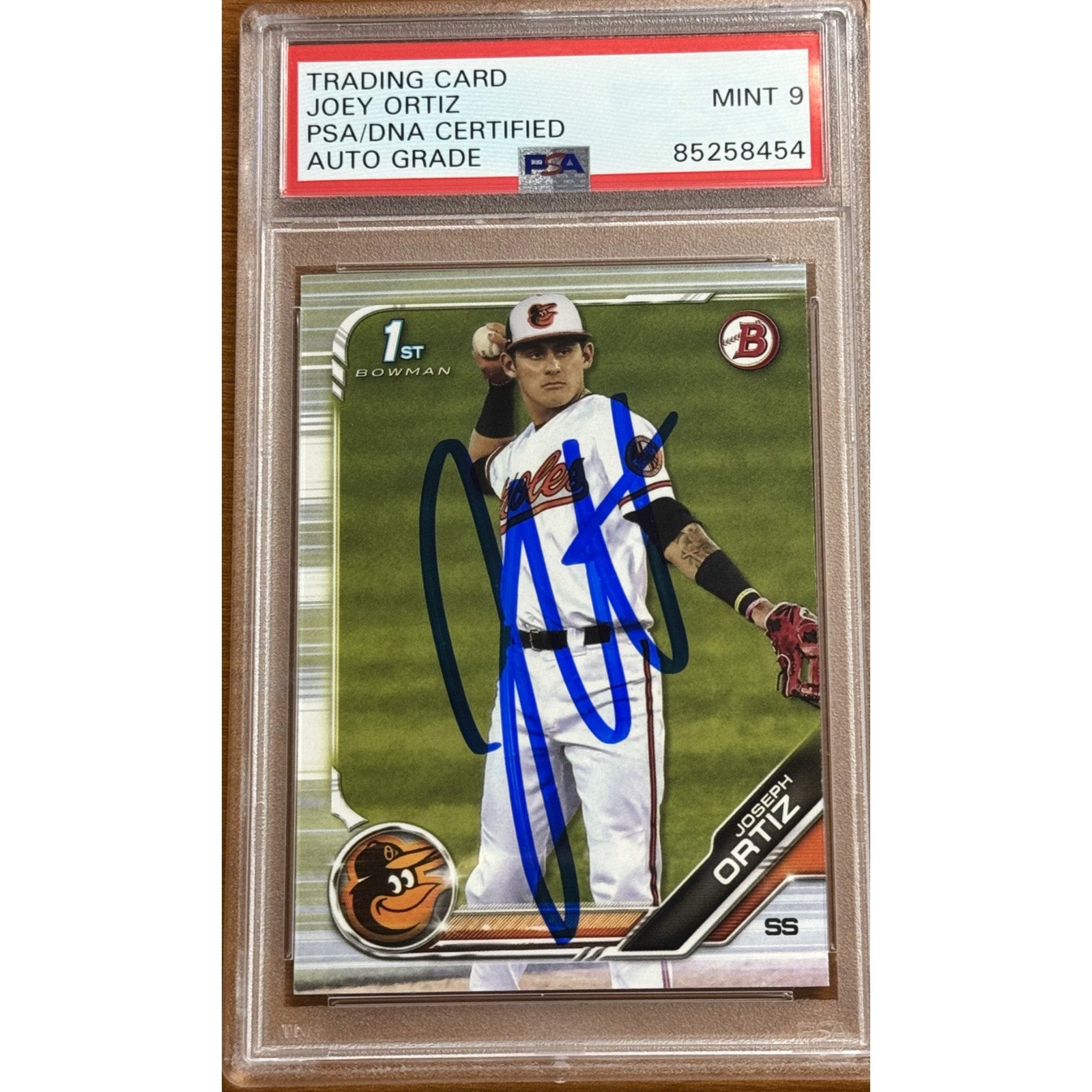 2019 Bowman Draft Joey Ortiz 1st Bowman autograph rookie card PSA DNA 9 Mint front view