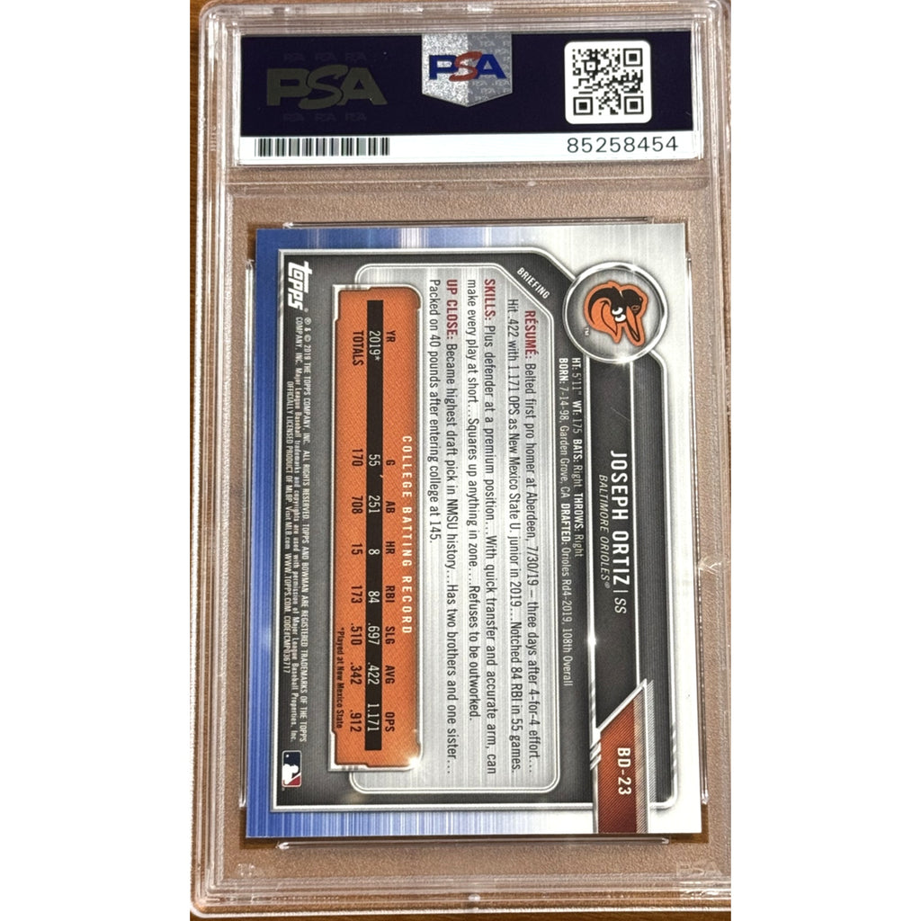 Back of PSA authenticated Joey Ortiz Bowman Draft autograph baseball card