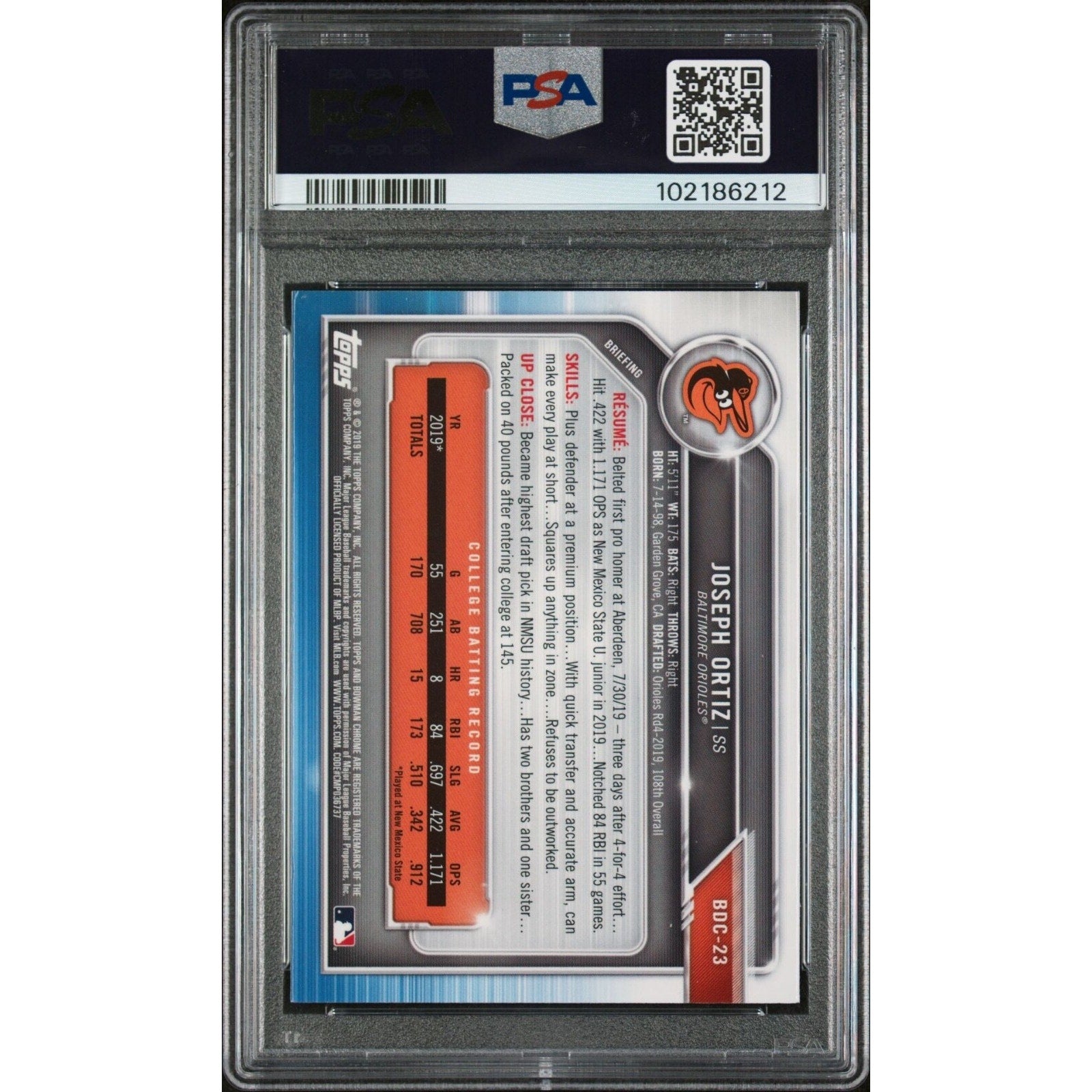Back view of 2019 Bowman Draft Joey Ortiz 1st Bowman Chrome auto baseball card graded PSA 9 with PSA DNA 10 autograph