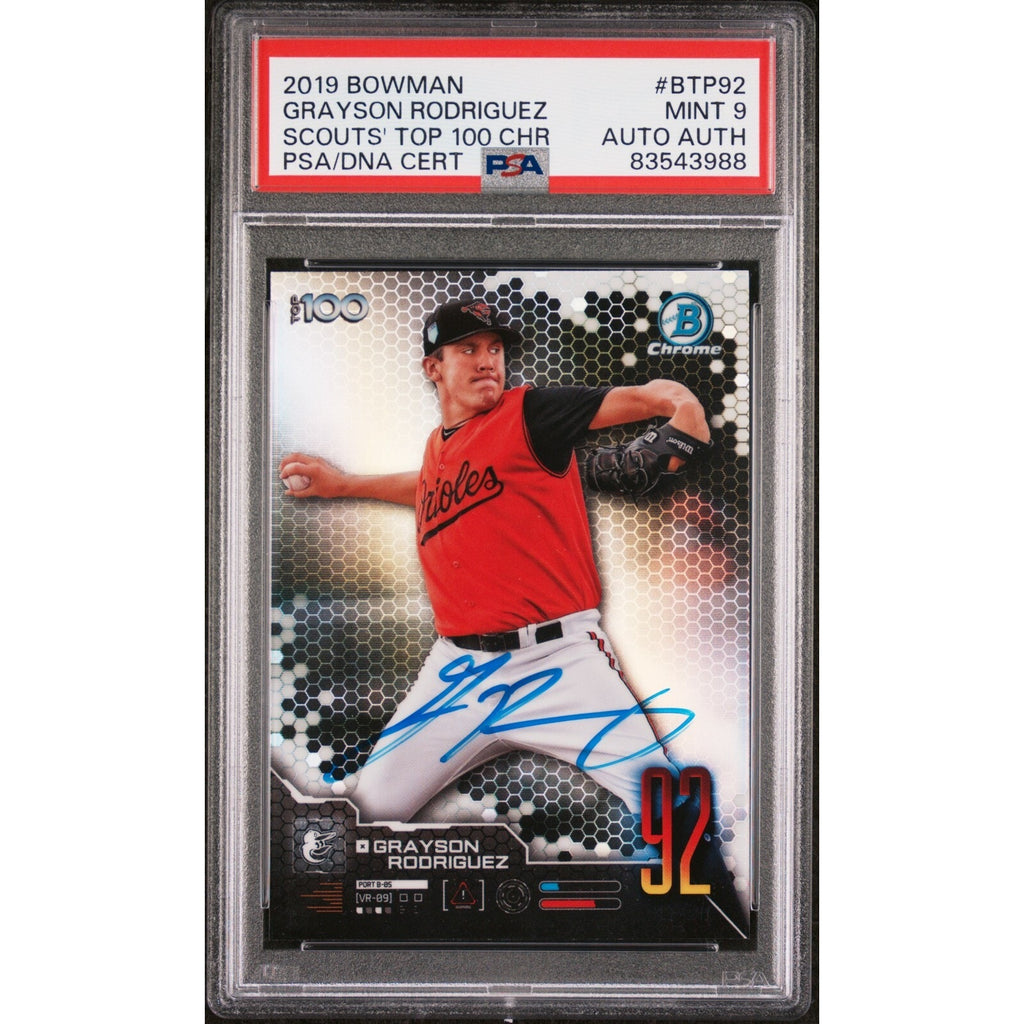 2019 Bowman Chrome Grayson Rodriguez Top 100 rookie autograph card PSA 9 Mint front view